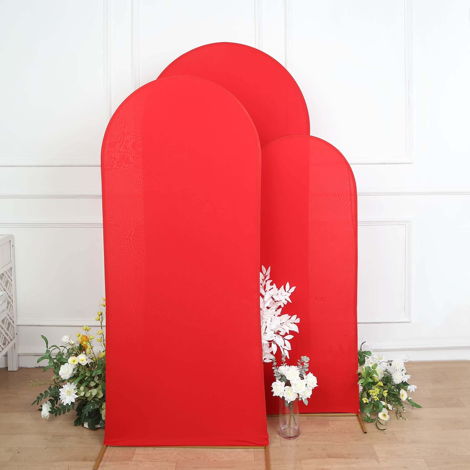 Set of 3 Matte Red Spandex Fitted Chiara Backdrop Stand Cover For Round Top Wedding Arch - 5ft, 6ft, 7ft