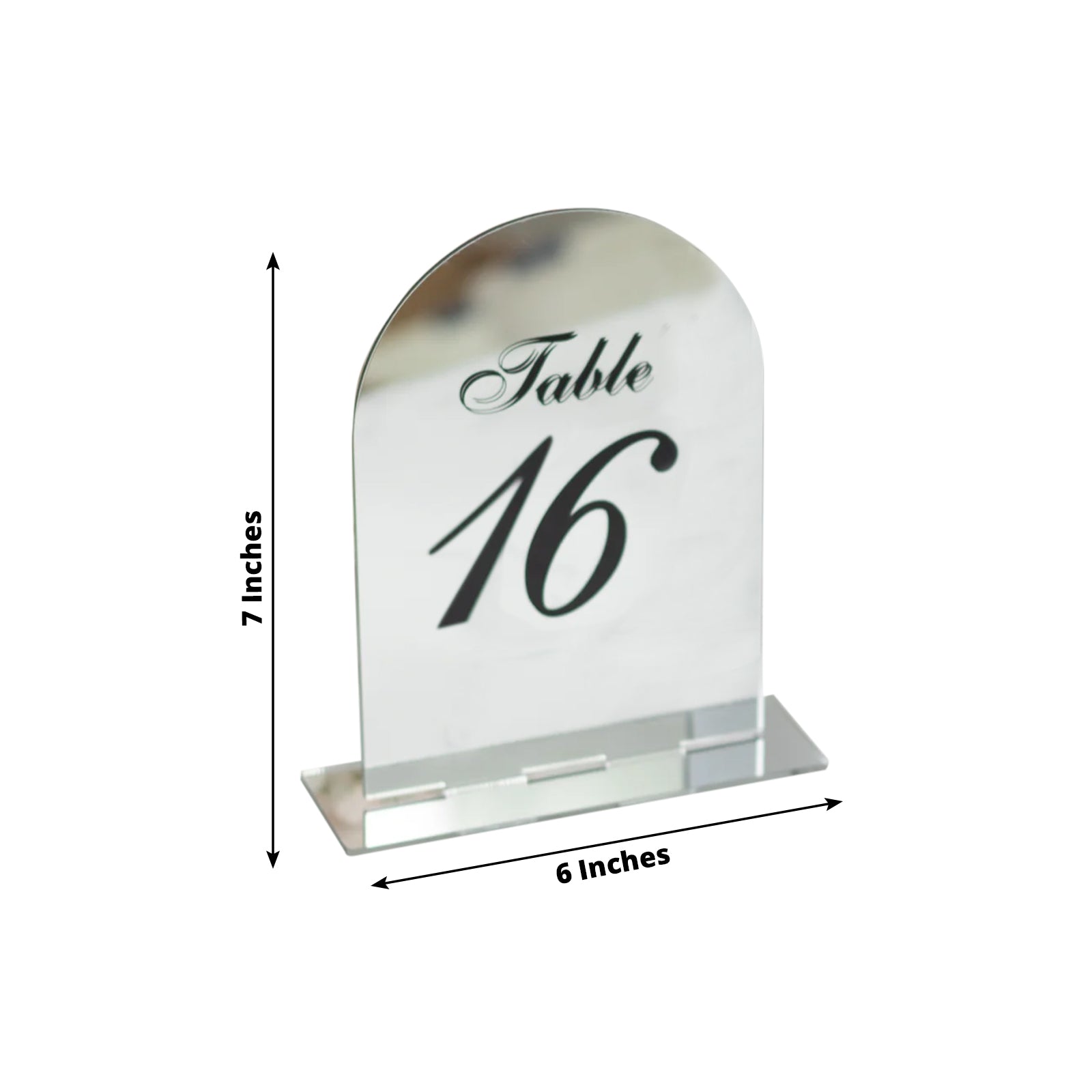 Silver Mirror Arch Acrylic Table Numbers (11-20) - 6x7 Wedding Reception Signs with Black Print & Stands