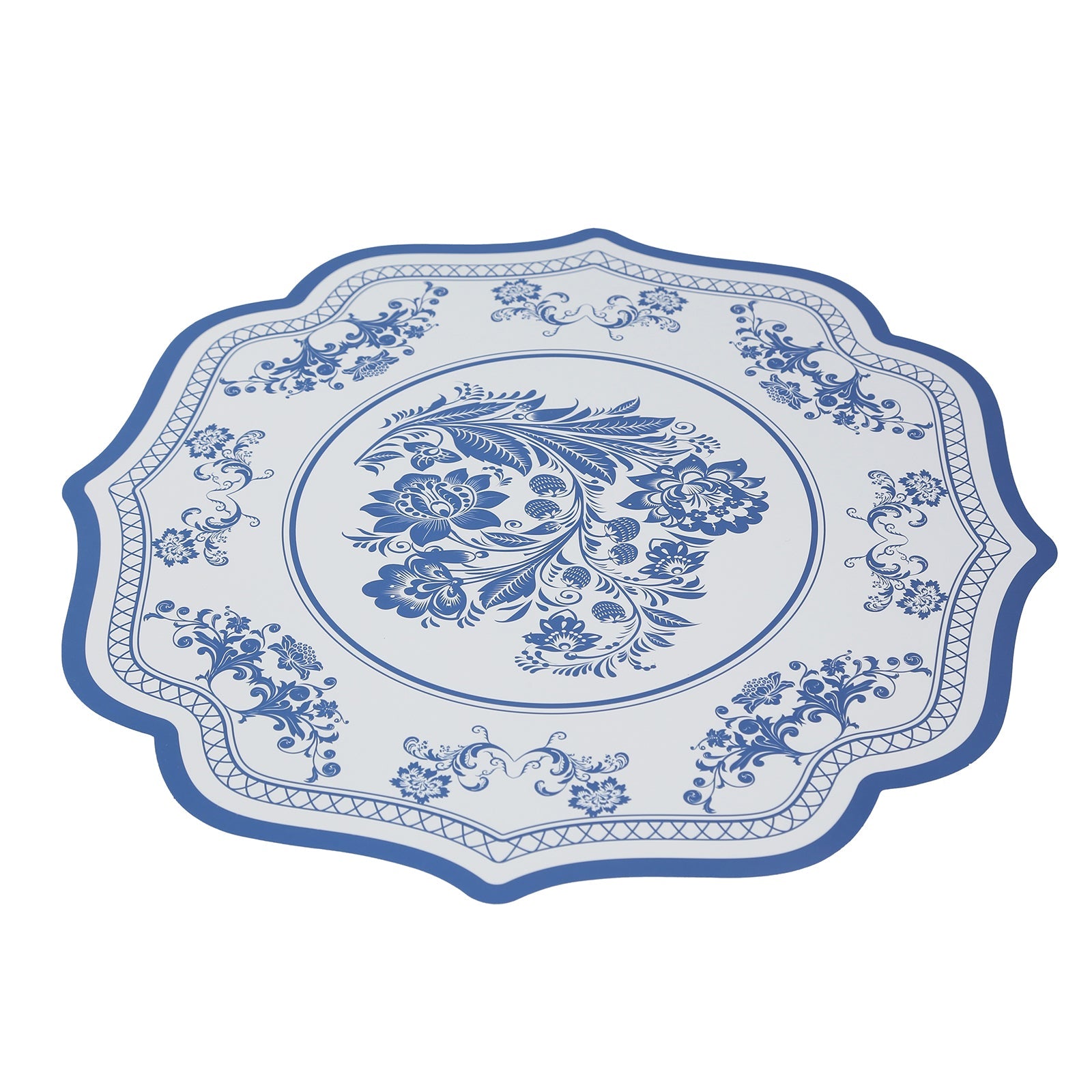 10-Pack Disposable Table Placemats 13 Round Placemats in White with Blue French Toile Pattern & Scalloped Rim - 400GSM Cardboard Placemats for Stylish Table Setting