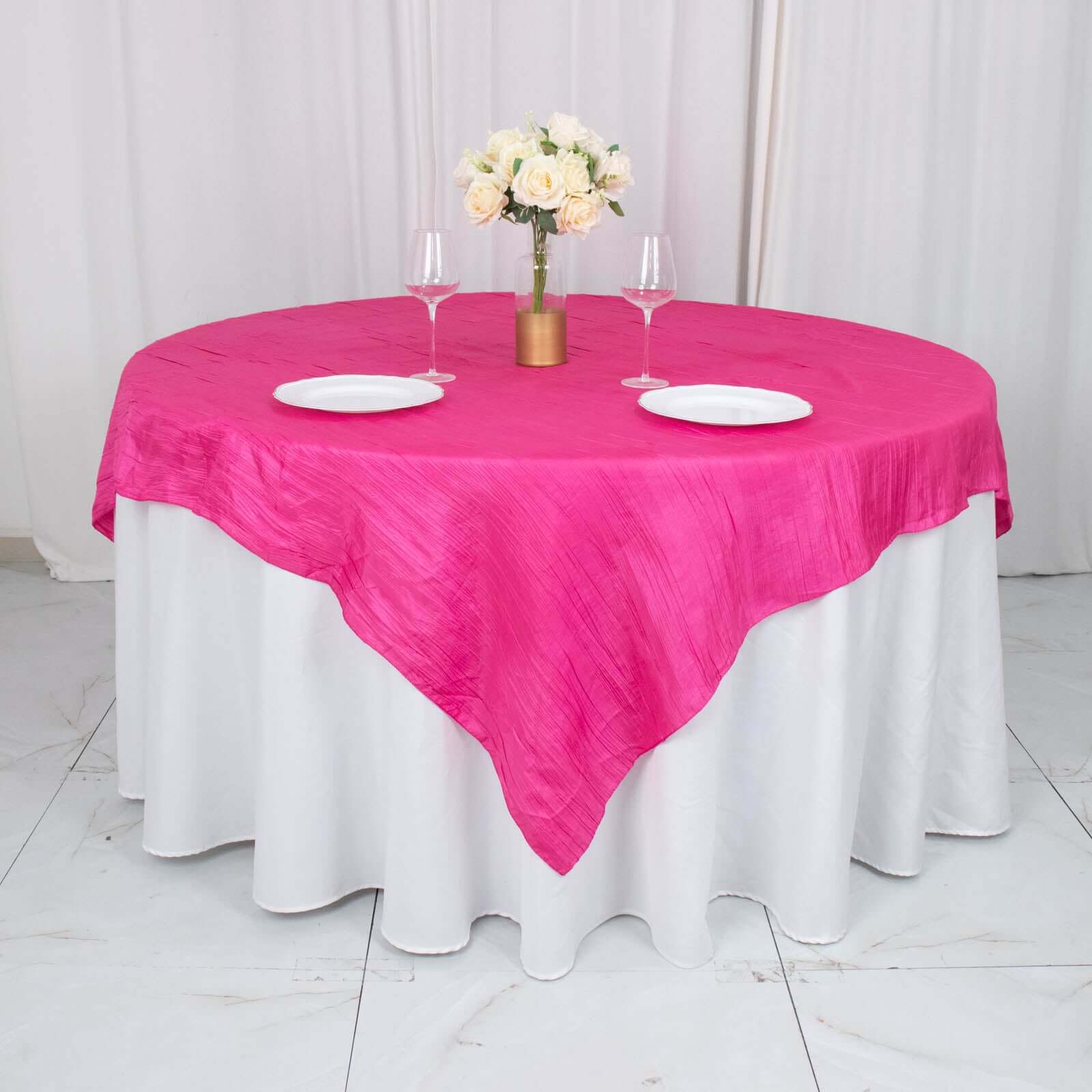 Taffeta 72x72 Table Overlay Square Tablecloth Fuchsia - Accordion Crinkle Table Cover