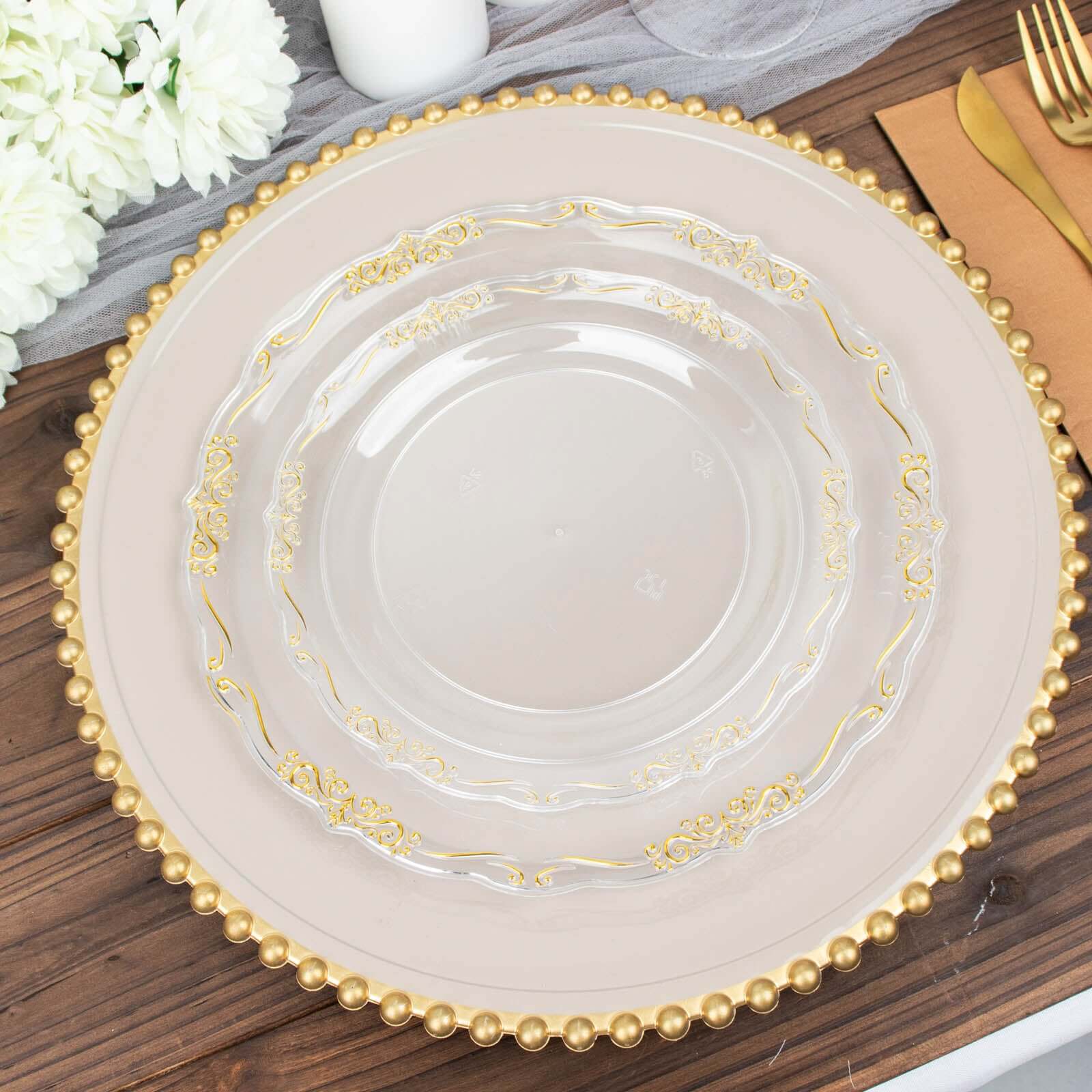 10-Pack Plastic 7 Round Dessert Plates in Clear with Gold Vintage Embossed Rim - Sturdy Disposable Scalloped Edge Salad Plates for Sophisticated Events & Celebrations