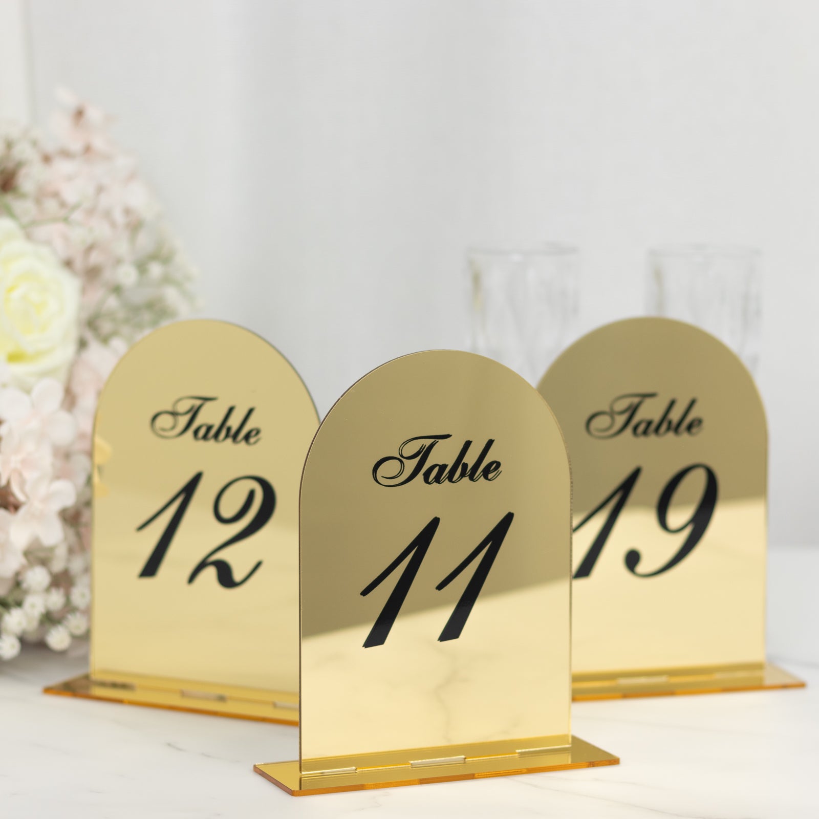 Gold Mirror Arch Acrylic Table Numbers (11-20) - 6x7 Wedding Reception Signs with Black Print & Stands