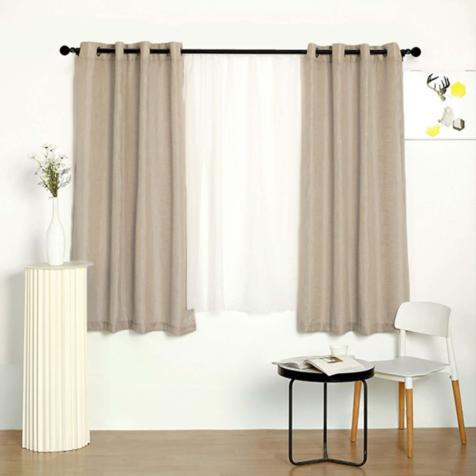 2 Pack Handmade Beige Faux Linen Curtains 52x64, Curtain Panels With Chrome Grommets