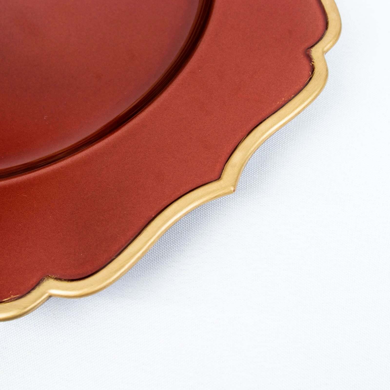 6-Pack Acrylic Round Charger Plates 13 in Terracotta (Rust) with Gold Scalloped Rim, Decorative Dinner Party Plastic Charger Tableware