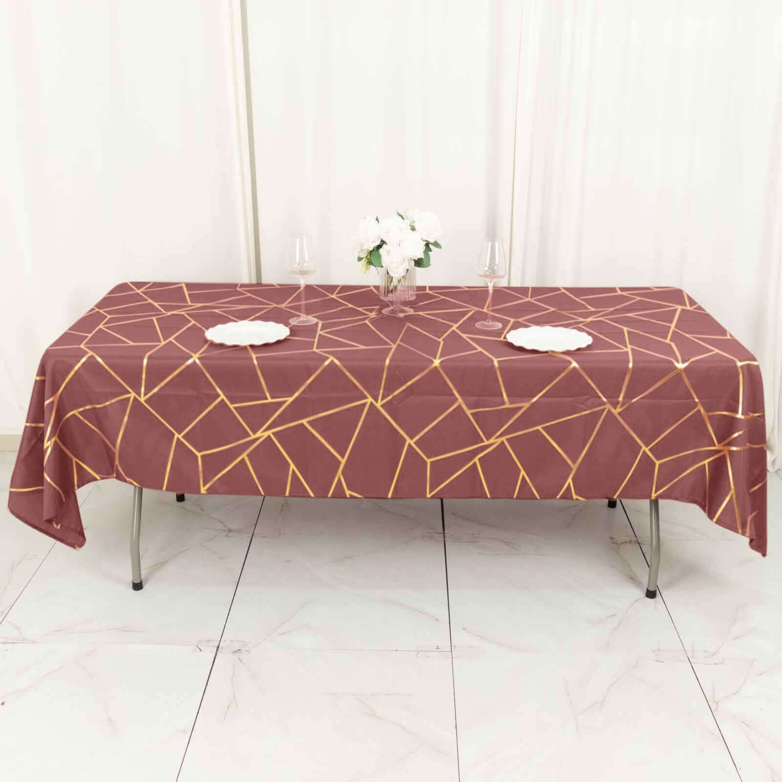 Polyester 60x102 Rectangle Tablecloth Cinnamon Rose with Gold Foil Geometric Pattern - Wrinkle-Resistant & Durable Table Cover