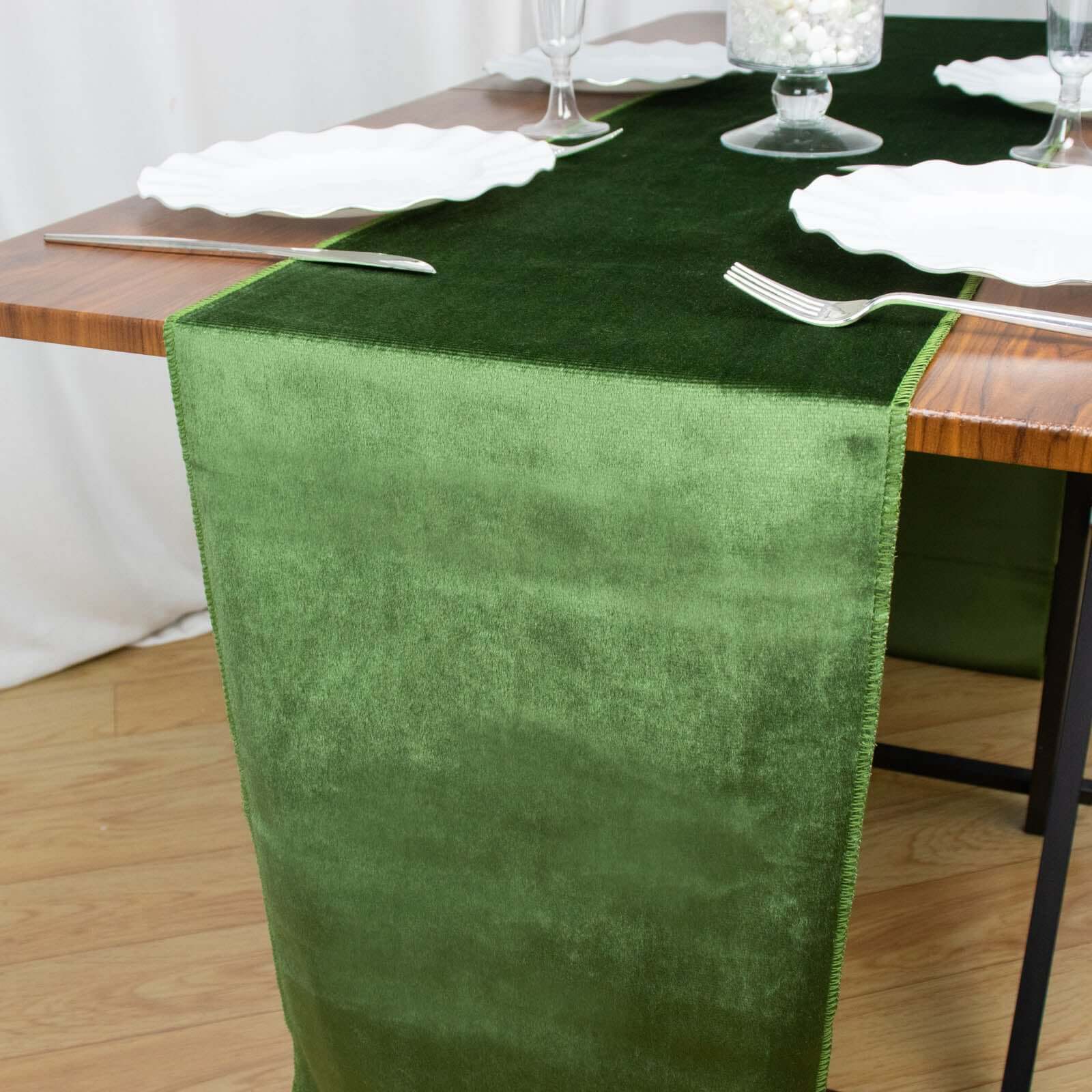 Premium Velvet 12x108 Table Runner Olive Green - Sheen Finish Reusable Table Decor