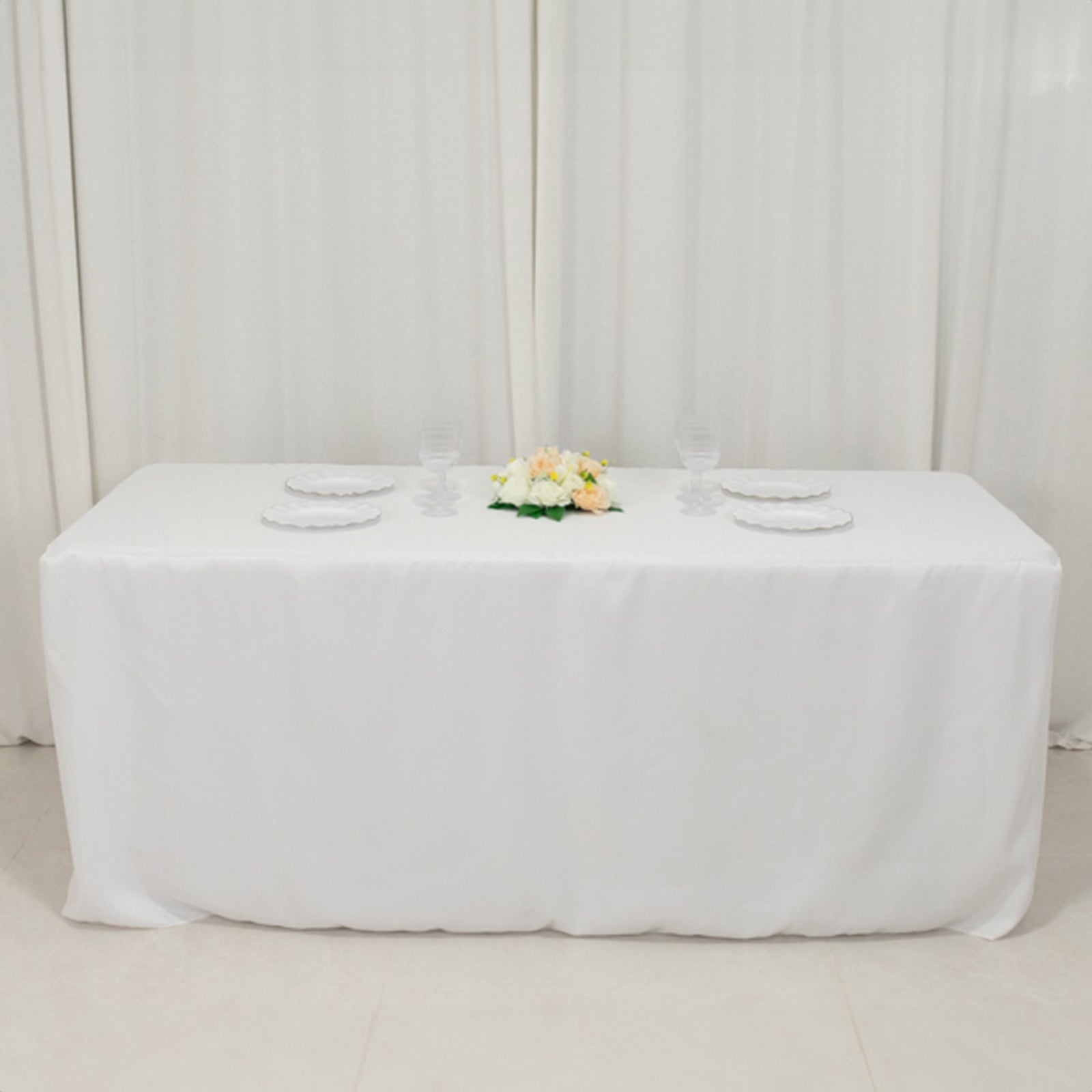 Fitted Polyester 72x30 Rectangle Tablecloth White with Open Back Design - Easy to Maintain and Wrinkle-Resistant Table Cover for Trade Shows & Displays