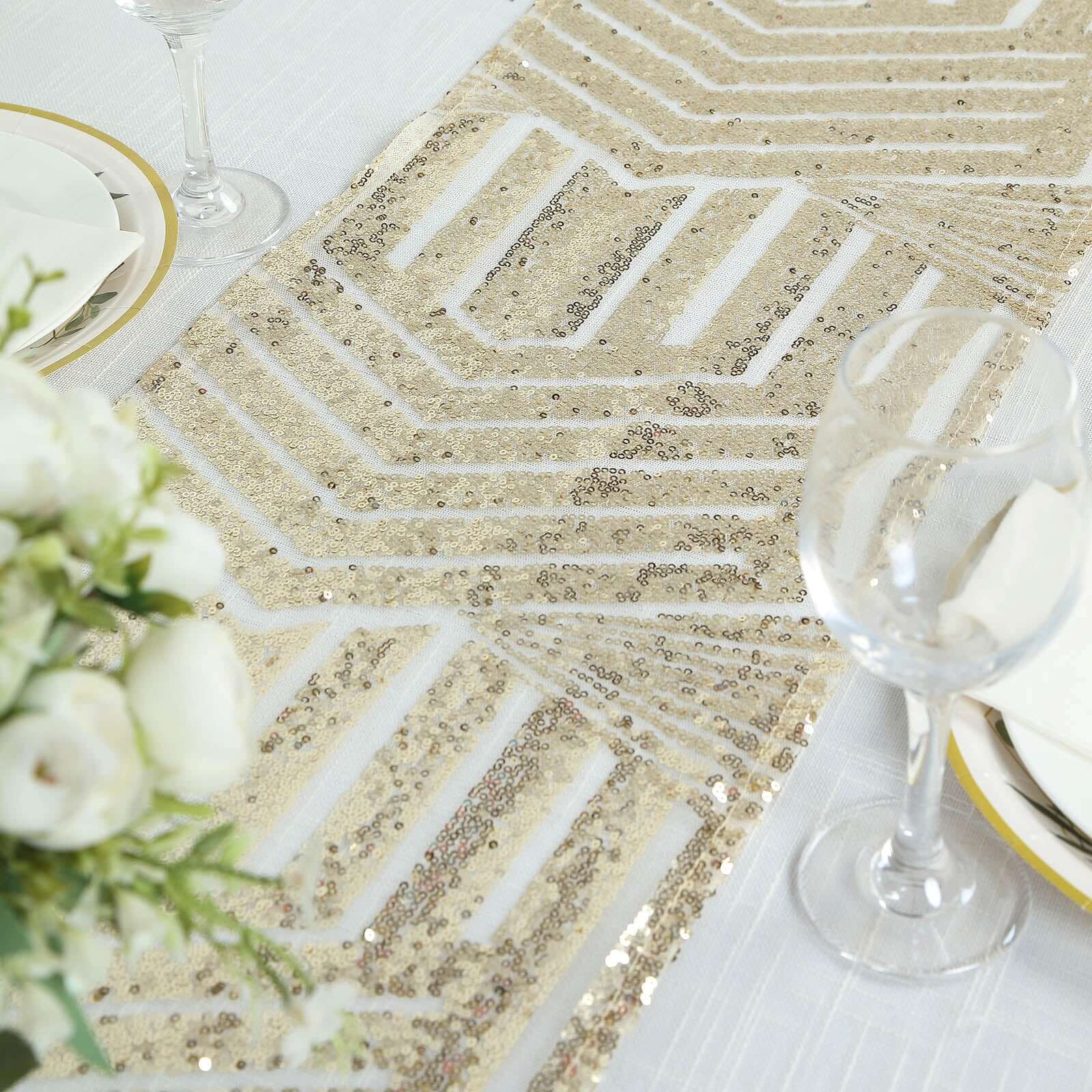 Sequin 12x108 Table Runner Champagne - Diamond Glitz Design