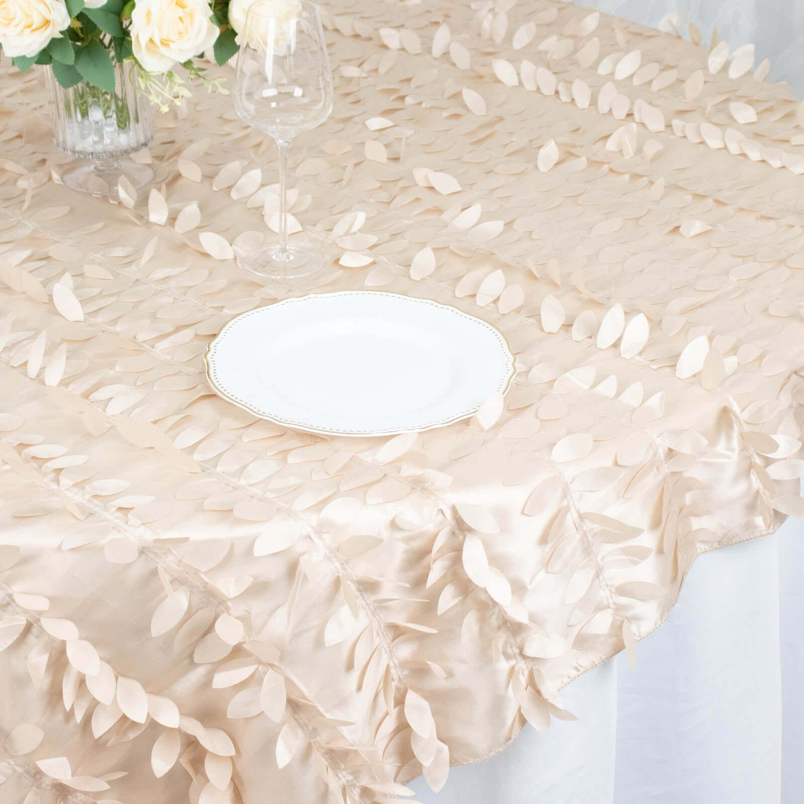 Taffeta 72x72 Table Overlay Square Tablecloth Beige - 3D Leaf Petal Table Cover