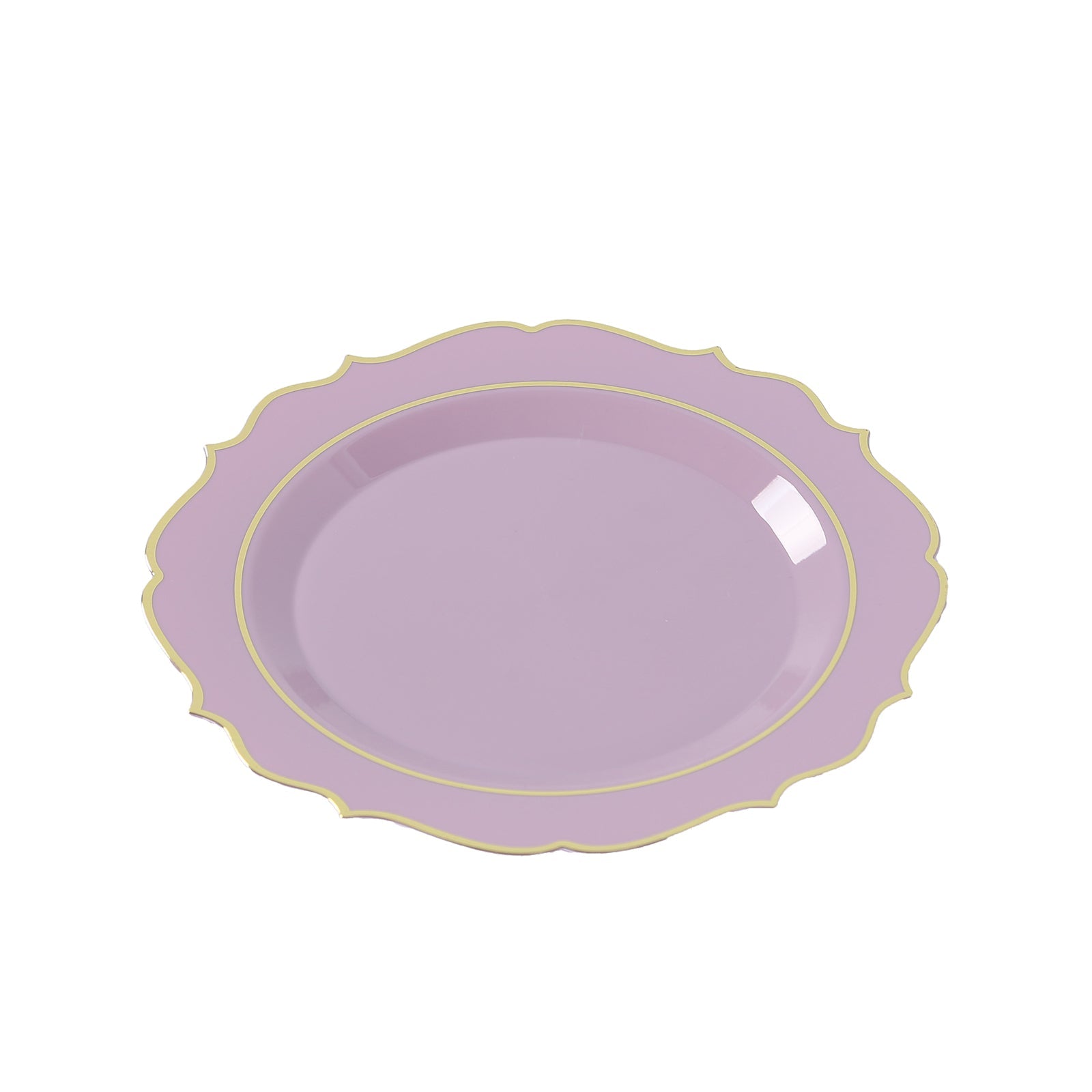 10-Pack Plastic 8 Round Desert Plates in Lavender Lilac with Gold Scalloped Rim - Disposable Appetizer/Salad Plates