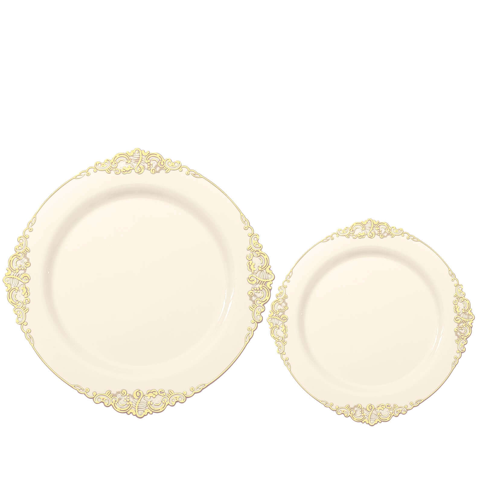 10-Pack Plastic 8 Round Dessert Plates in Ivory with Gold Leaf Embossed Rim - Disposable Vintage Baroque Style Salad Plates