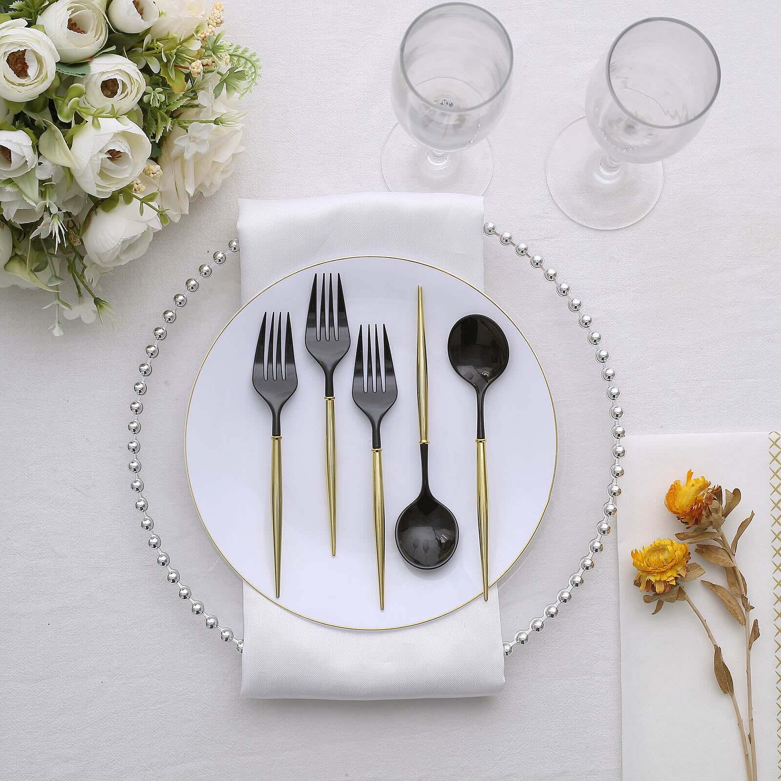 24-Pack Plastic Fork and Spoon Set Black/Gold - Heavy Duty Disposable Modern Utensils 6