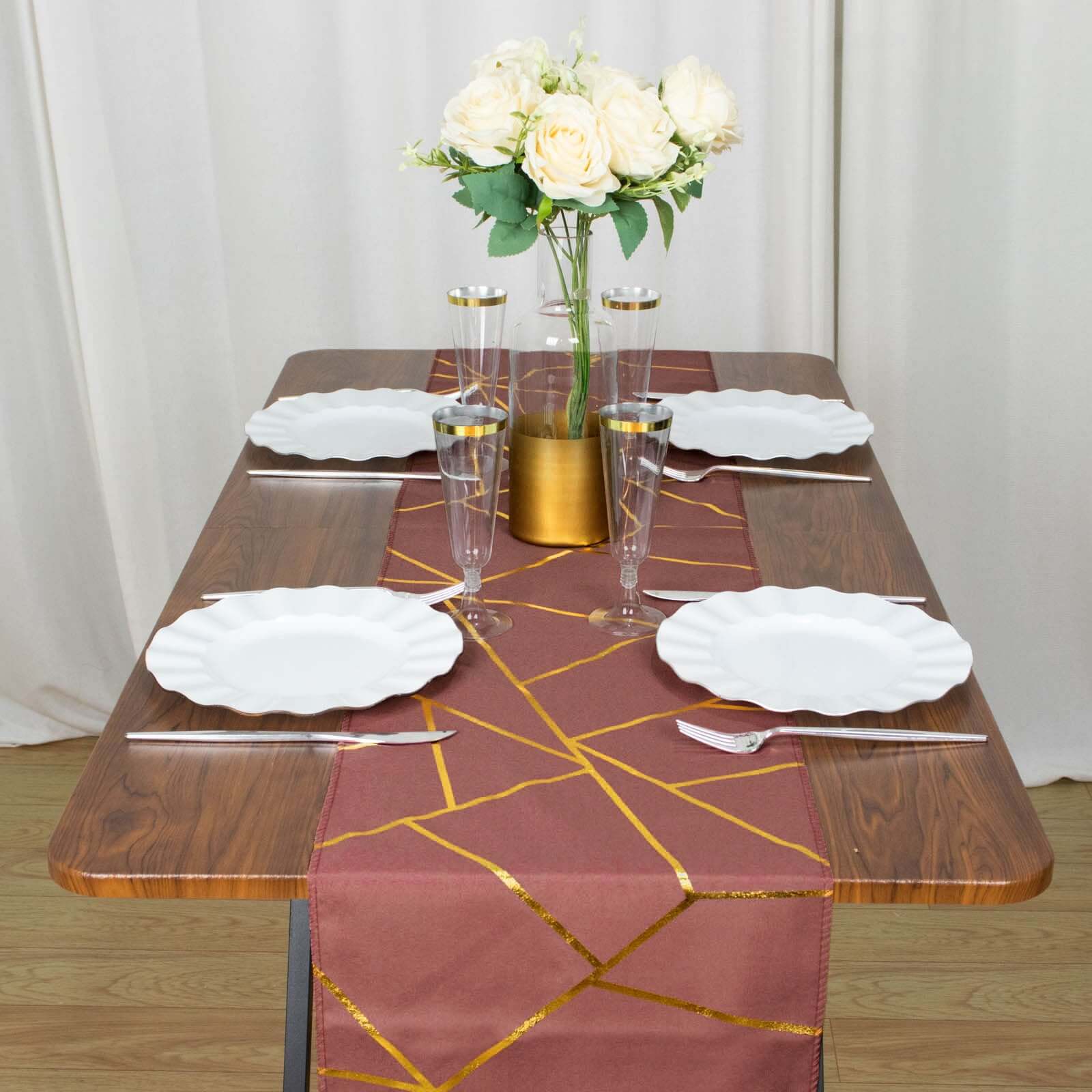 Polyester 9ft Table Runner Cinnamon Rose with Gold Foil Modern Geometric Accent