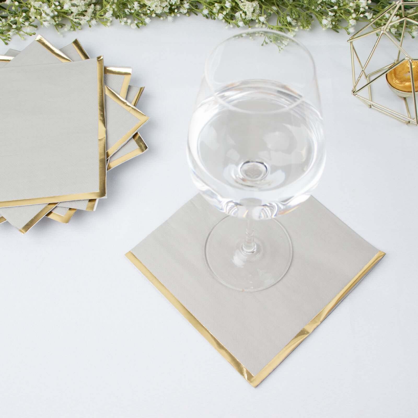 50-Pack Paper Beverage Napkins with Gold Foil Edge Gray - Disposable 2 Ply Cocktail Napkins for Events 6.5x6.5