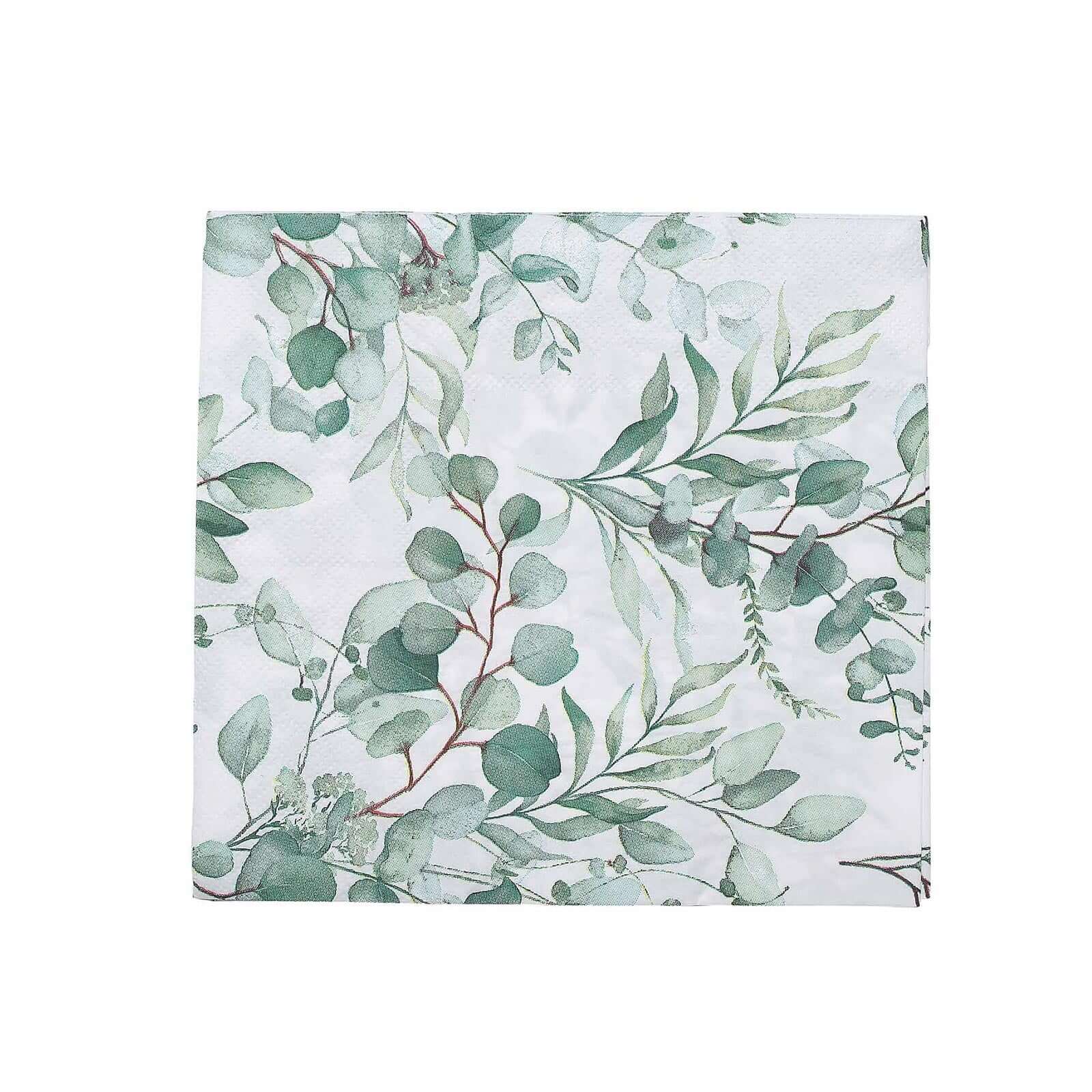 50-Pack Paper Beverage Napkins with Green Foliage Eucalyptus Leaves Design - 2 Ply Soft 18GSM Boho Wedding Napkins 6.5x6.5