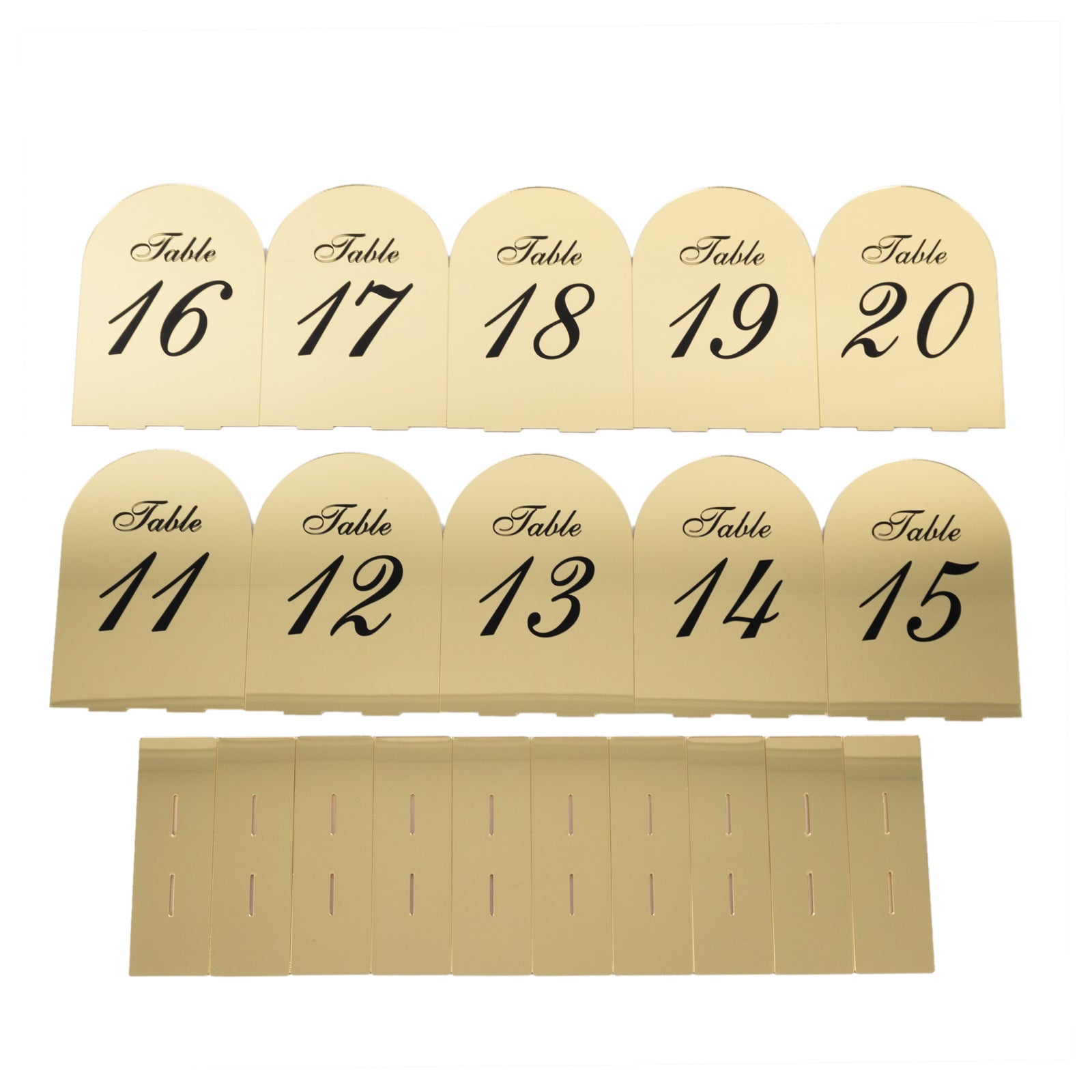 Gold Mirror Arch Acrylic Table Numbers (11-20) - 6x7 Wedding Reception Signs with Black Print & Stands