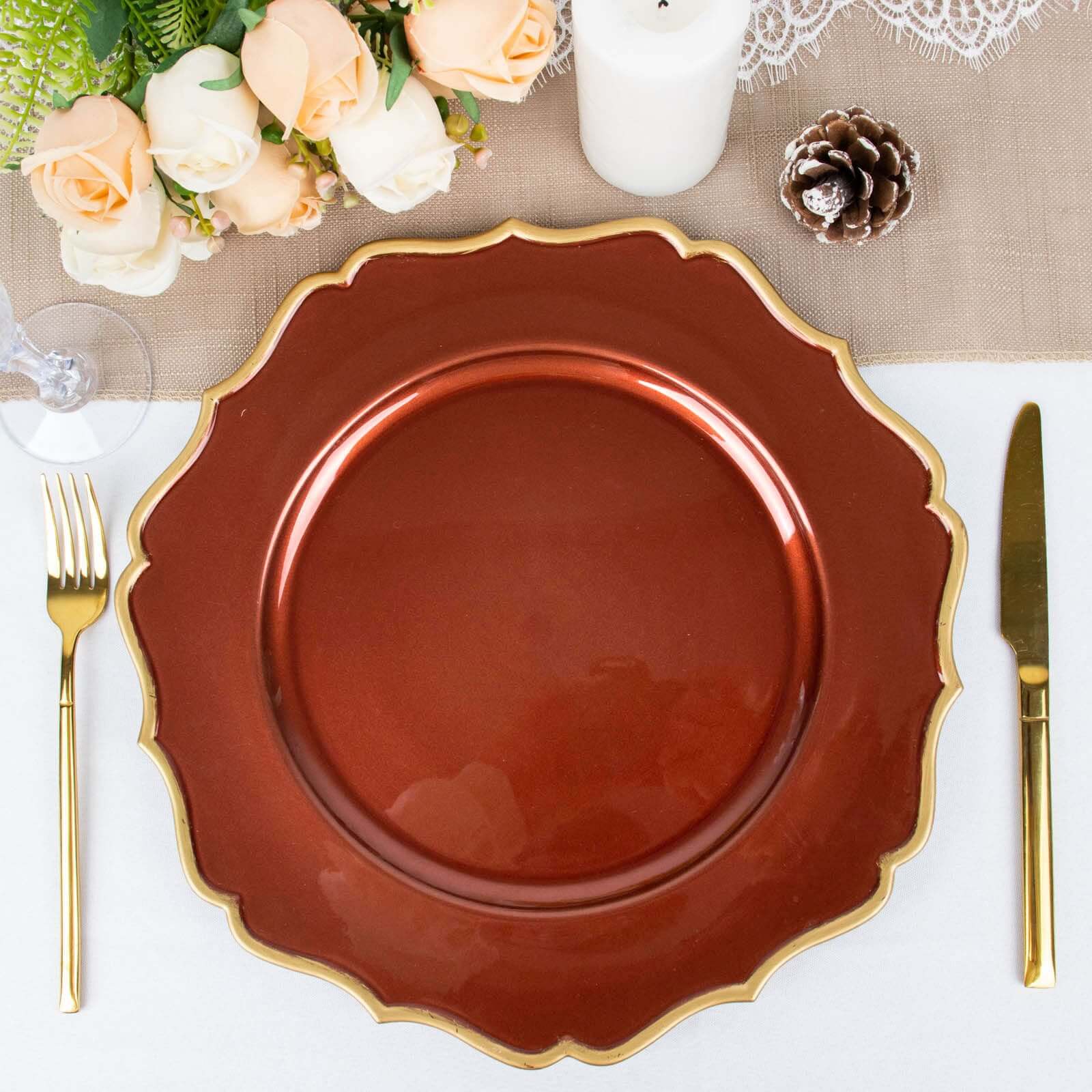 6-Pack Acrylic Round Charger Plates 13 in Terracotta (Rust) with Gold Scalloped Rim, Decorative Dinner Party Plastic Charger Tableware