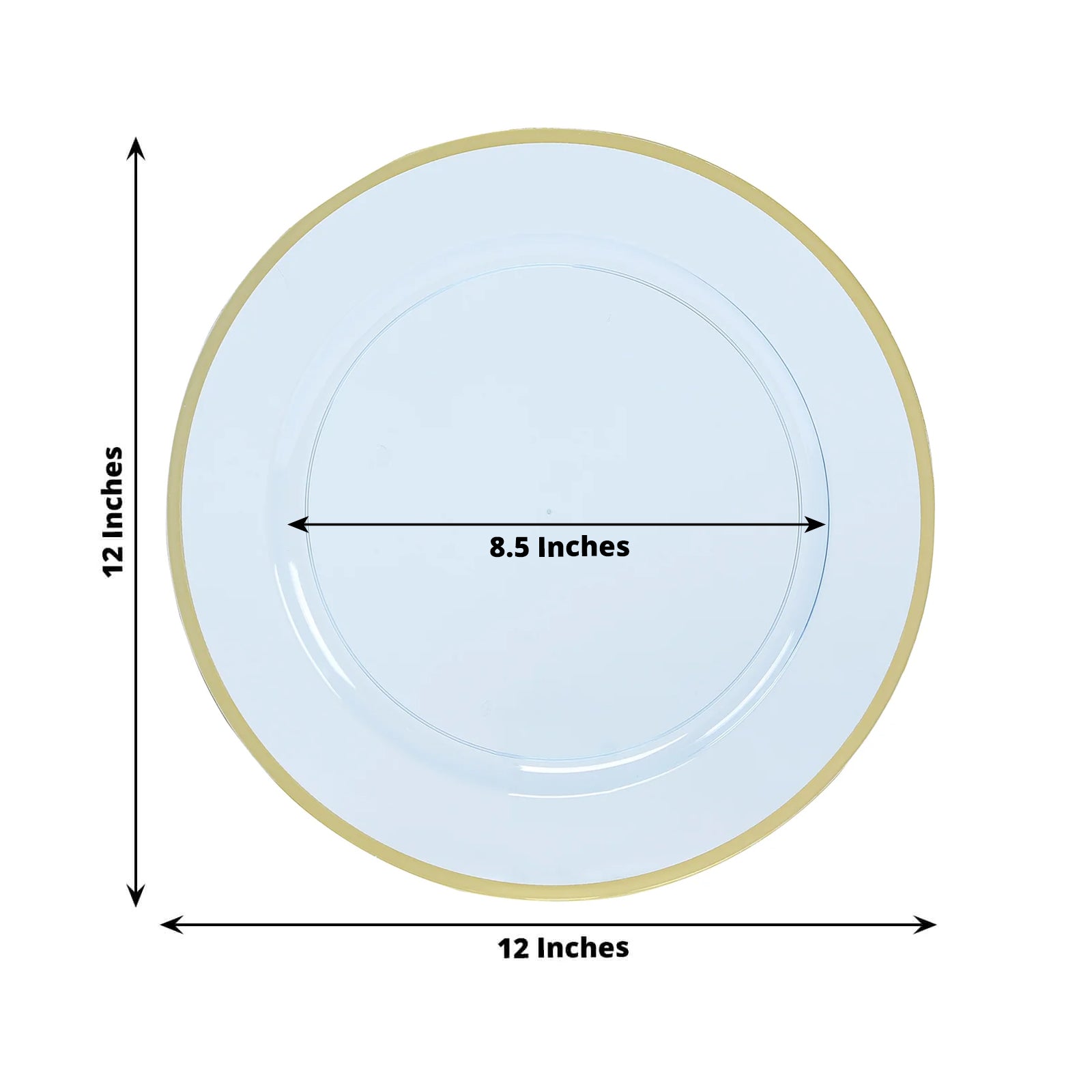 10-Pack Economy Plastic Round Charger Plates 12 in Transparent Dusty Blue with Wide Gold Rim, Decorative Dinner Party Serving Plates