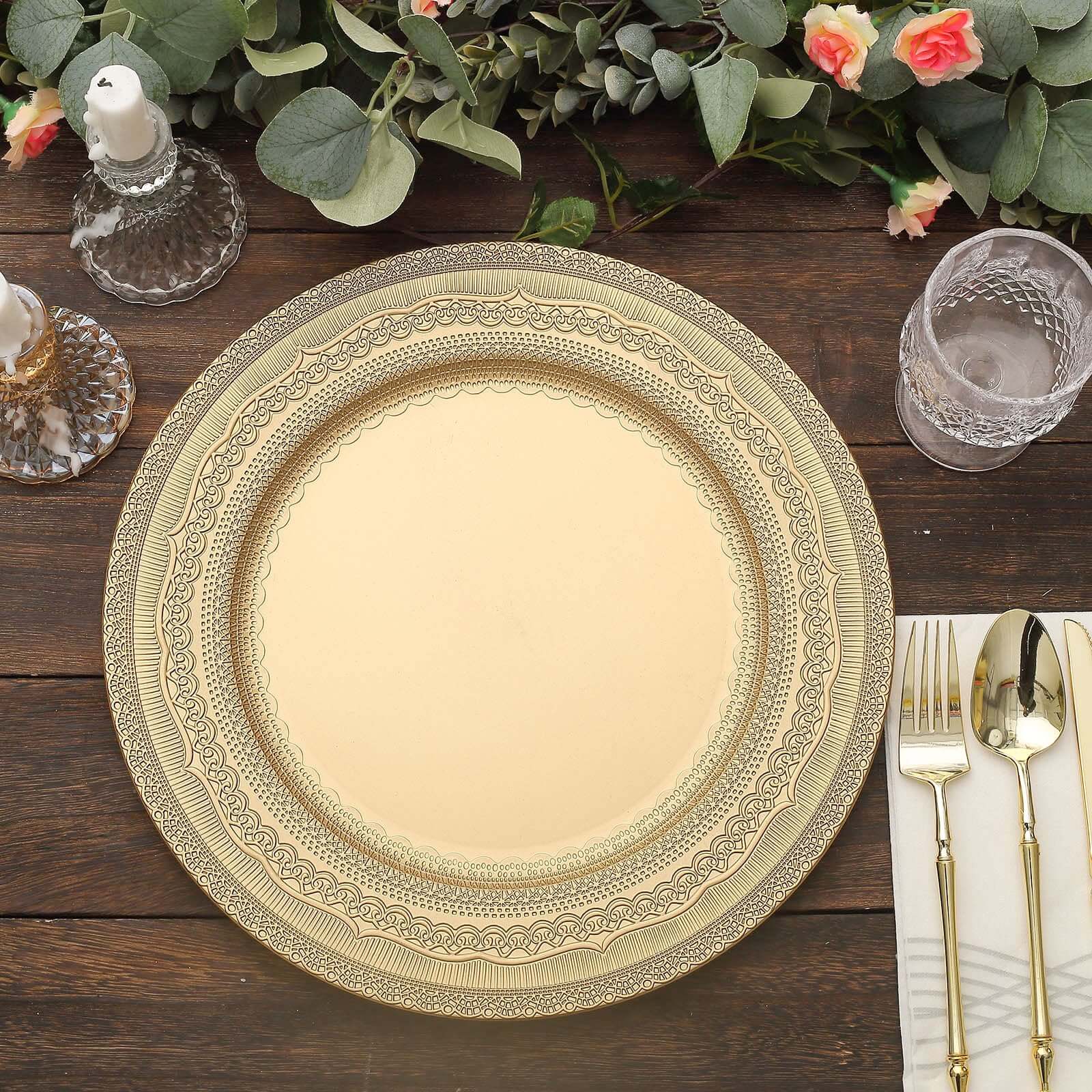 6-Pack Acrylic Round Charger Plates 13 in Gold with Lace Embossed Rim, Rustic Plastic Decorative Charger Tableware