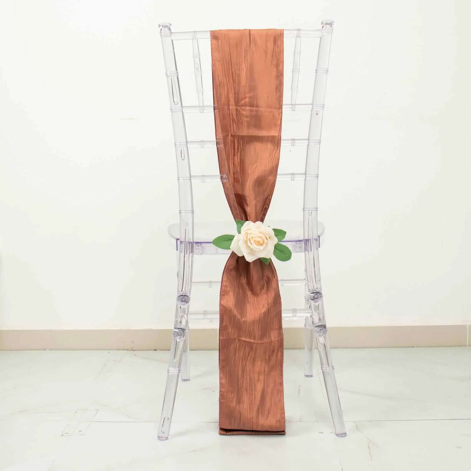 5 Pack Taffeta 6x106 Chair Sashes Terracotta (Rust) Accordion Crinkle Texture - Stylish Decor for Weddings & Gatherings