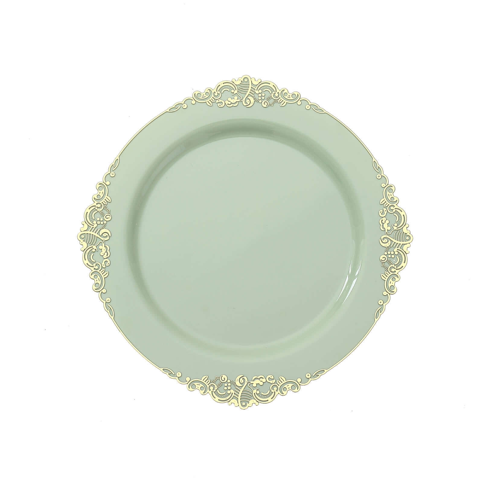 10-Pack Plastic 10 Round Dinner Plates in Sage Green with Gold Leaf Embossed Rim - Disposable Vintage Baroque Style Plates