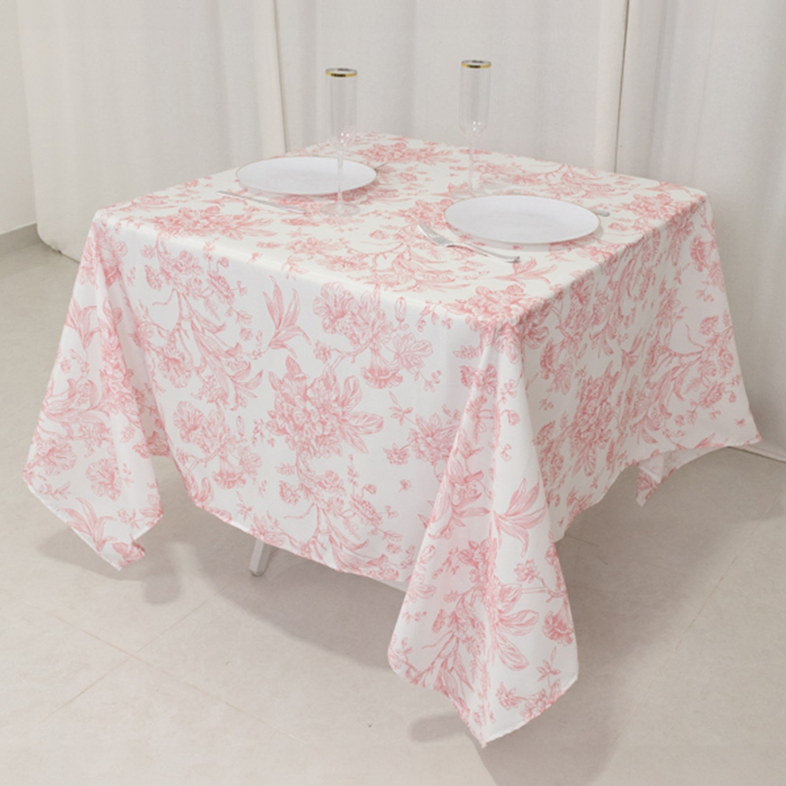 Polyester 70x70 Square Tablecloth White - Pink French Toile Pattern for Elegant Occasions