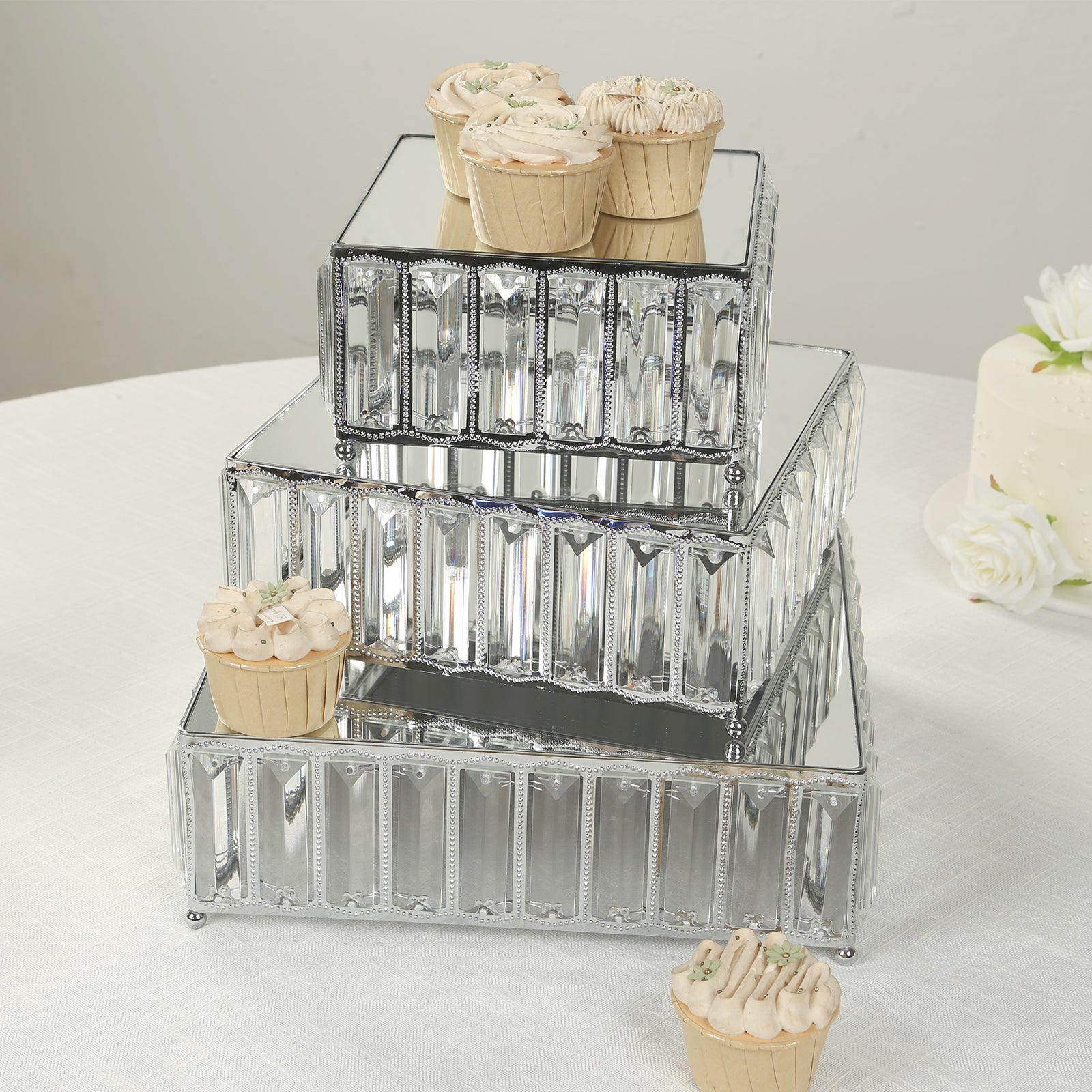 Set of 3 Silver Metal Crystal Pendant Cake Stands with Mirror Top, Stackable Square Dessert Display Trays - 7,10,12