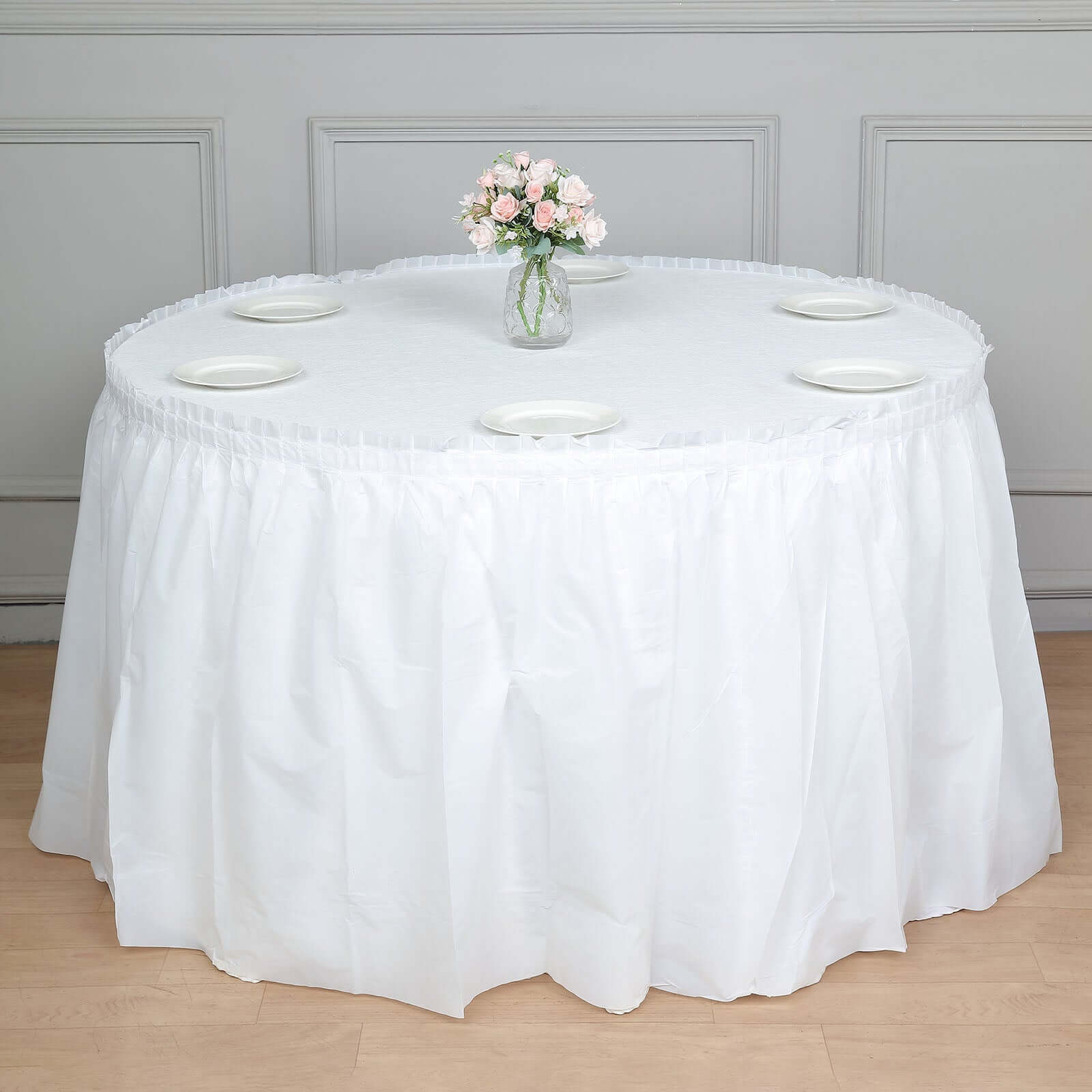 Plastic Table Skirt White Ruffled - Durable Disposable Skirt for Events 14ft