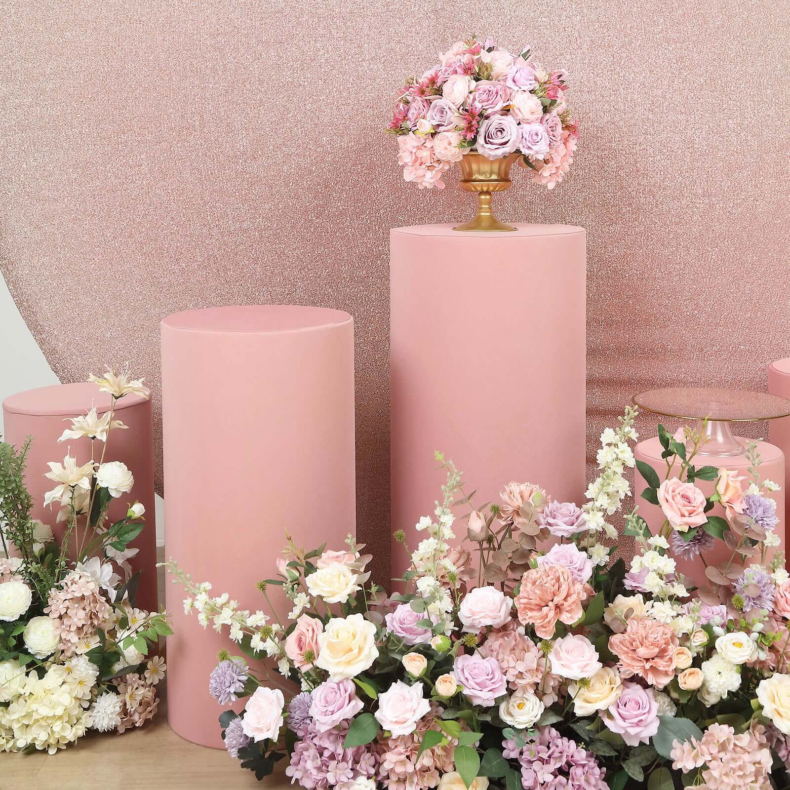 Set of 5 Dusty Rose Spandex Cylinder Pedestal Stand Covers, Stretchable Pillar Prop Covers - 160 GSM