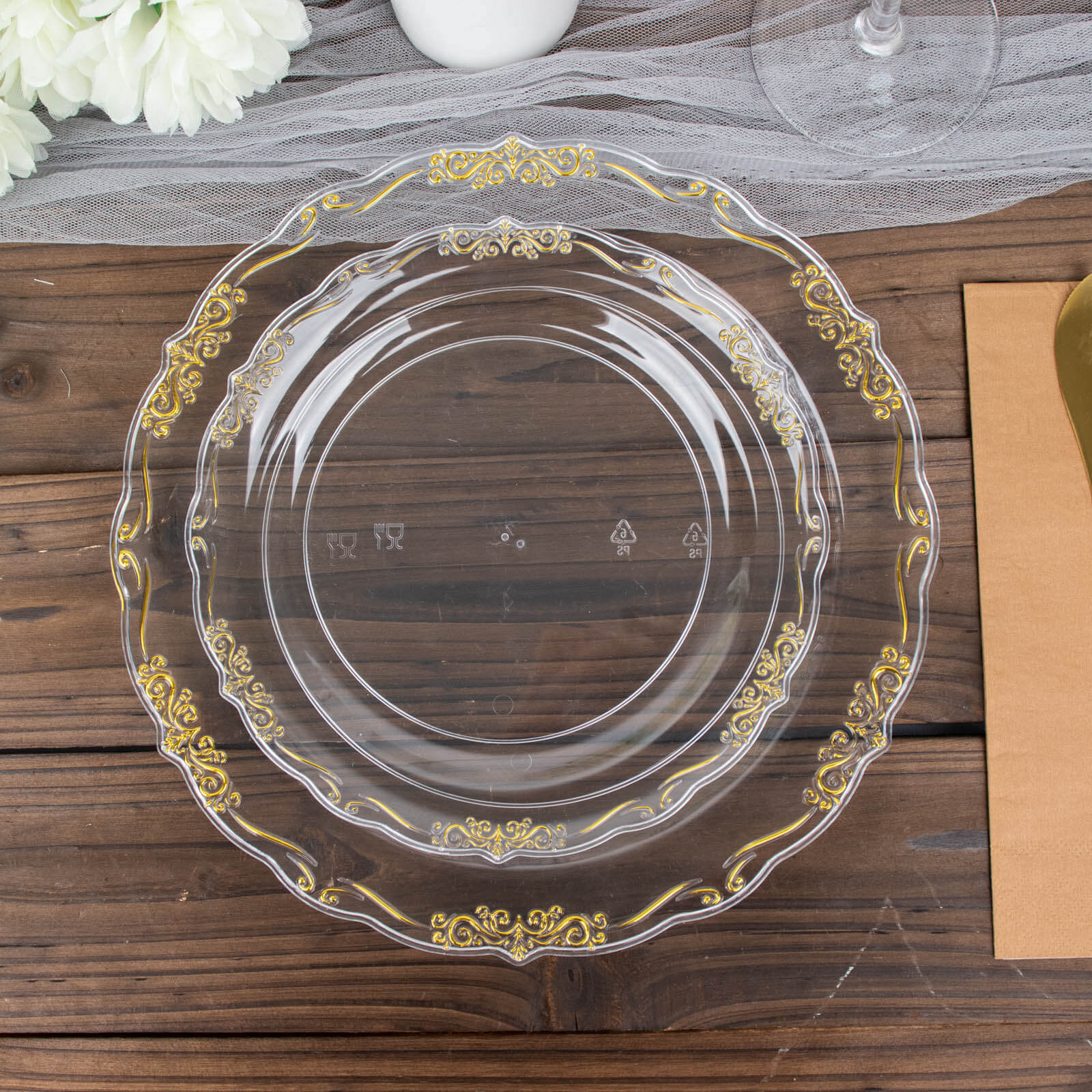 10-Pack Plastic 7 Round Dessert Plates in Clear with Gold Vintage Embossed Rim - Sturdy Disposable Scalloped Edge Salad Plates for Sophisticated Events & Celebrations