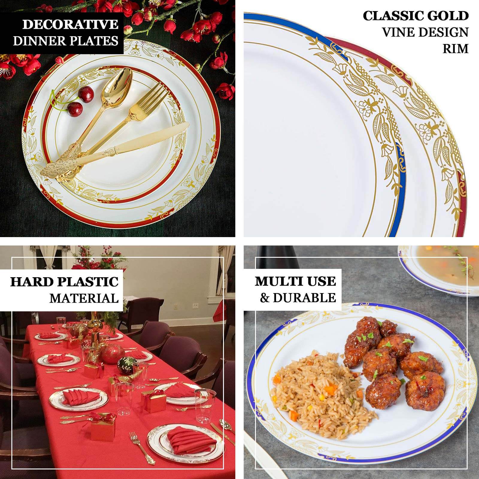 10-Pack Plastic 8 Round Dessert Plates in White with Hunter Emerald Green Rim - Stylish Gold Vine Design Disposable Salad/Appetizer Plates for Special Occasions & Celebrations