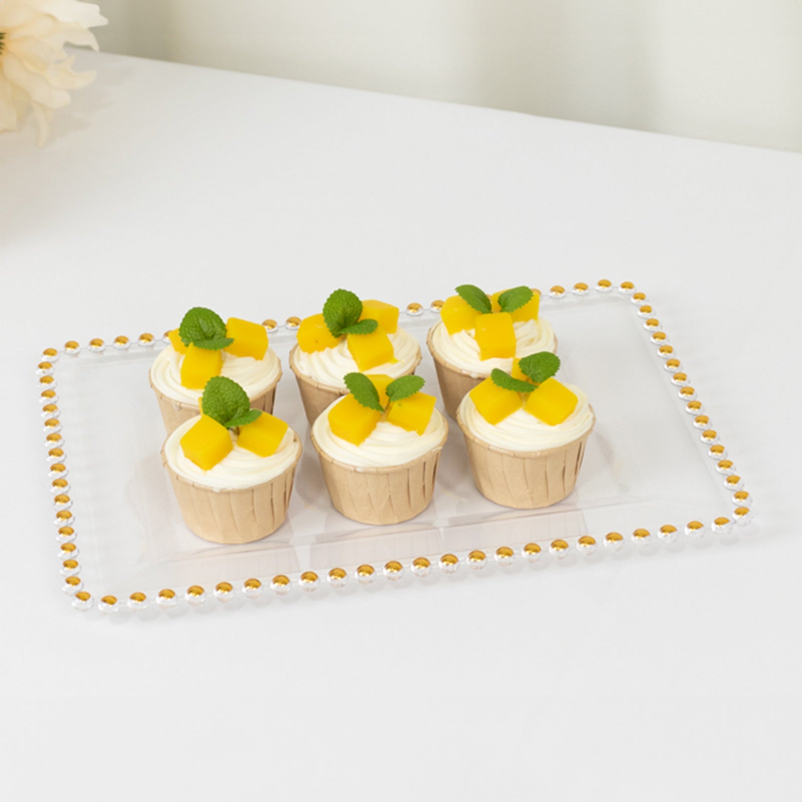 6-Pack Rectangular Acrylic Serving Trays Clear with Gold Beaded Rim - Food and Dessert Platters 9x13