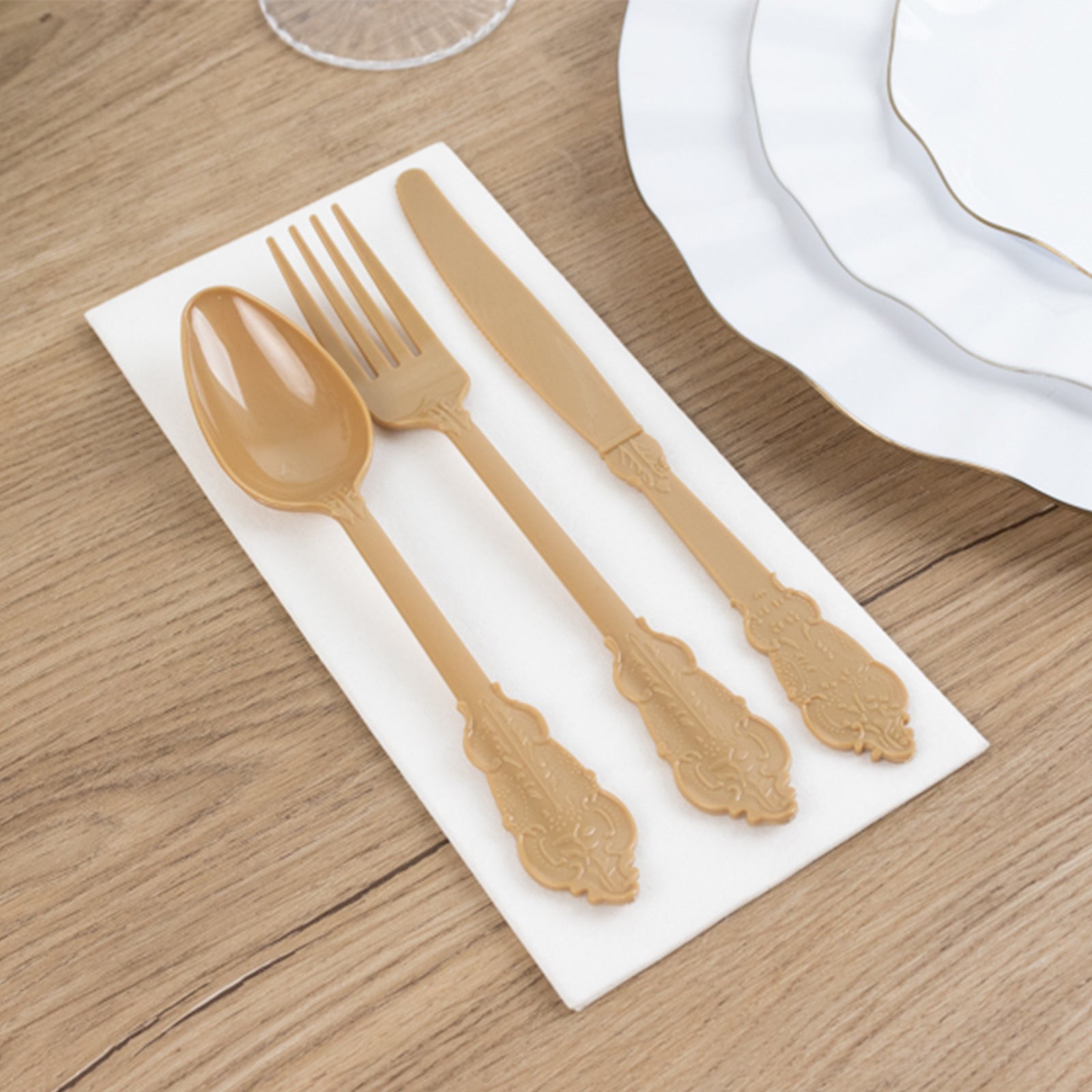 72 Pcs Plastic Silverware Set in Baroque Style Matte Gold - Heavy Duty Disposable Knife, Fork, and Spoon Set