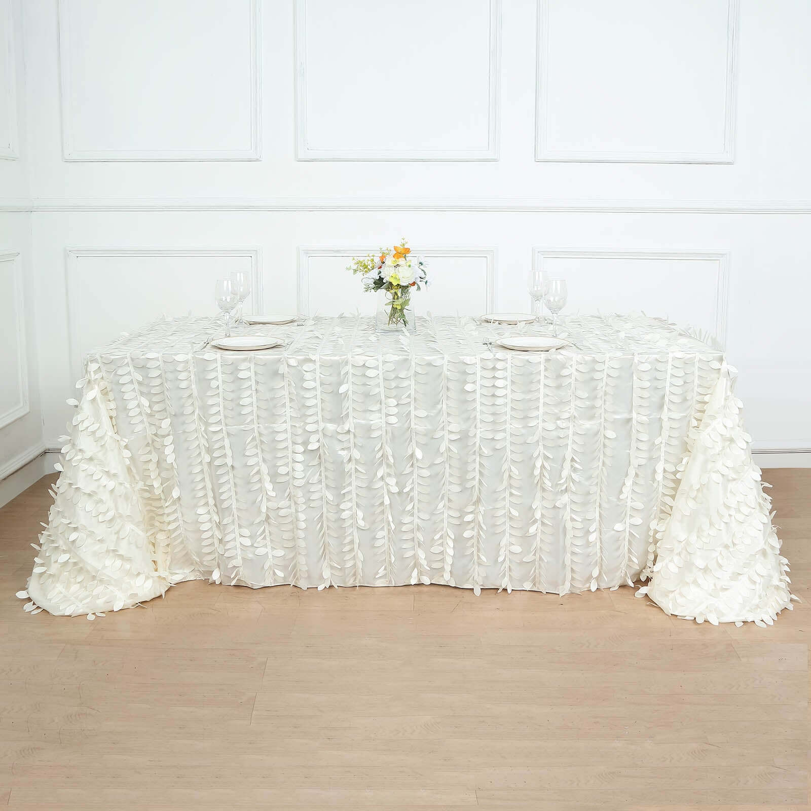 Taffeta 90x156 Rectangle Tablecloth Ivory | 3D Leaf Petal Design Seamless Table Cover