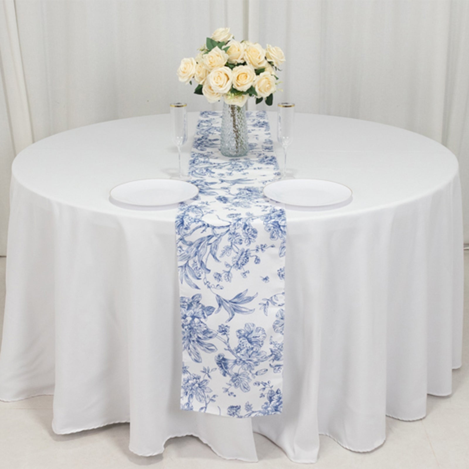 Polyester Table Runner 12x108 White with Blue French Toile Floral Print - Stylish Reusable Table Décor