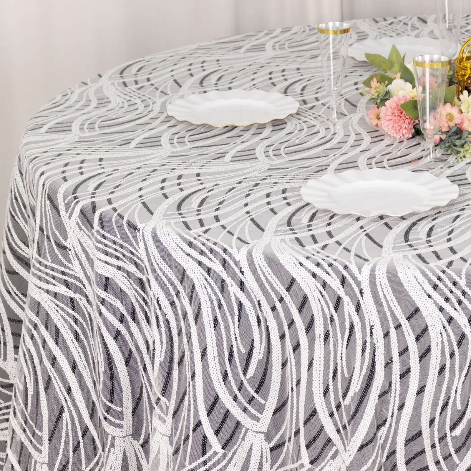 Sequin Mesh 120 Round Tablecloth White Black - Seamless Wave Embroidered Table Cover