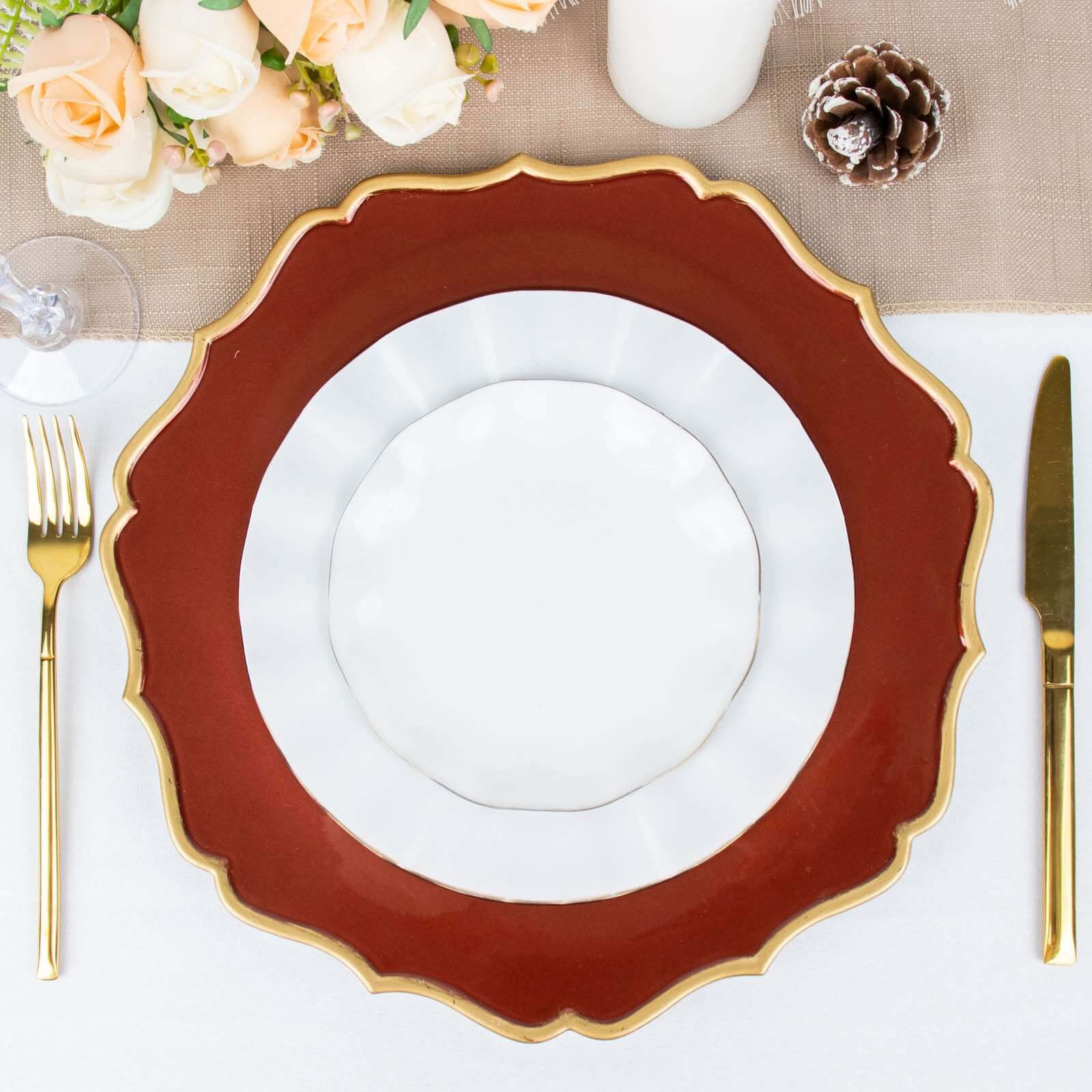 6-Pack Acrylic Round Charger Plates 13 in Terracotta (Rust) with Gold Scalloped Rim, Decorative Dinner Party Plastic Charger Tableware