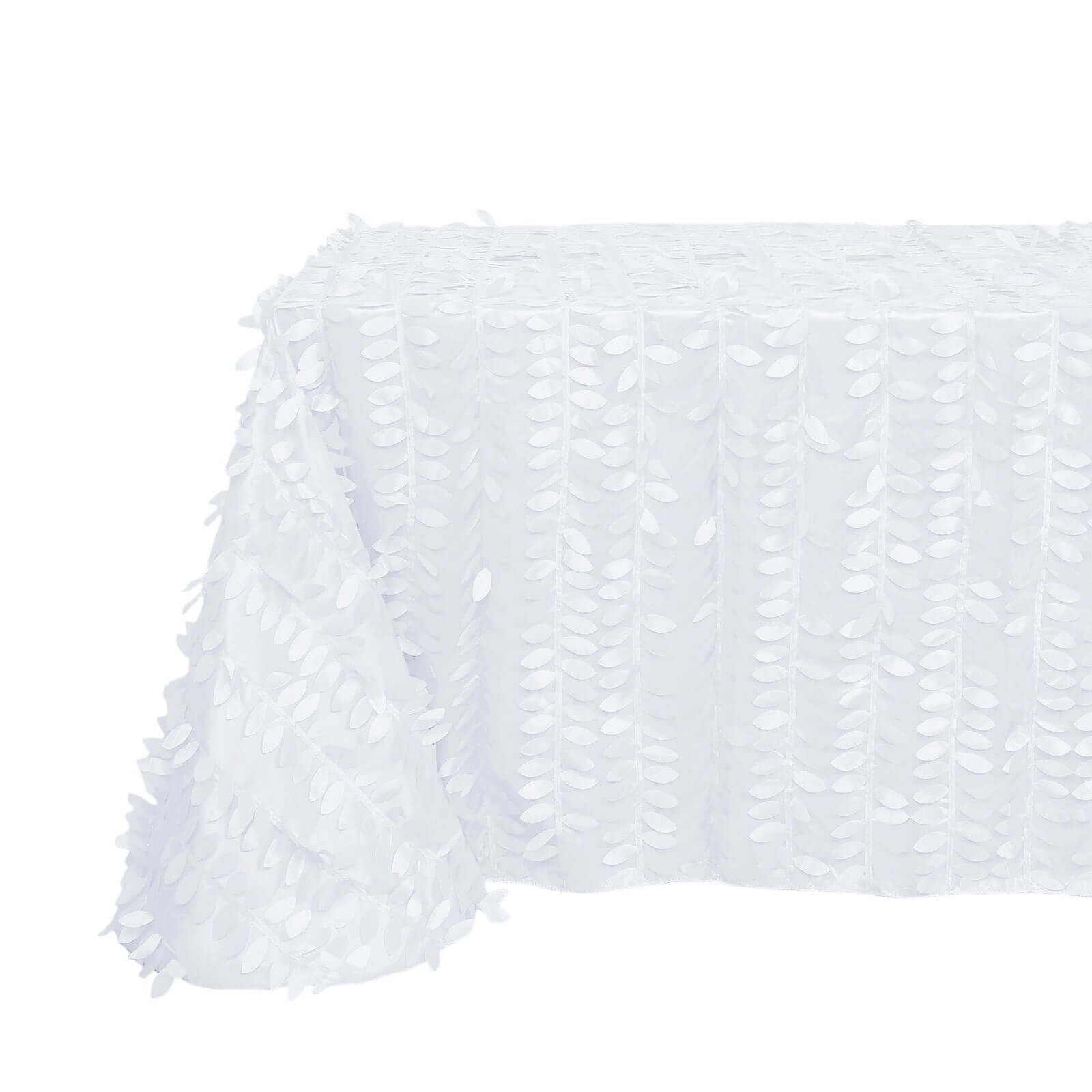 Taffeta 90x156 Rectangle Tablecloth White | 3D Leaf Petal Design Seamless Table Cover for Stylish Wedding & Event Decor