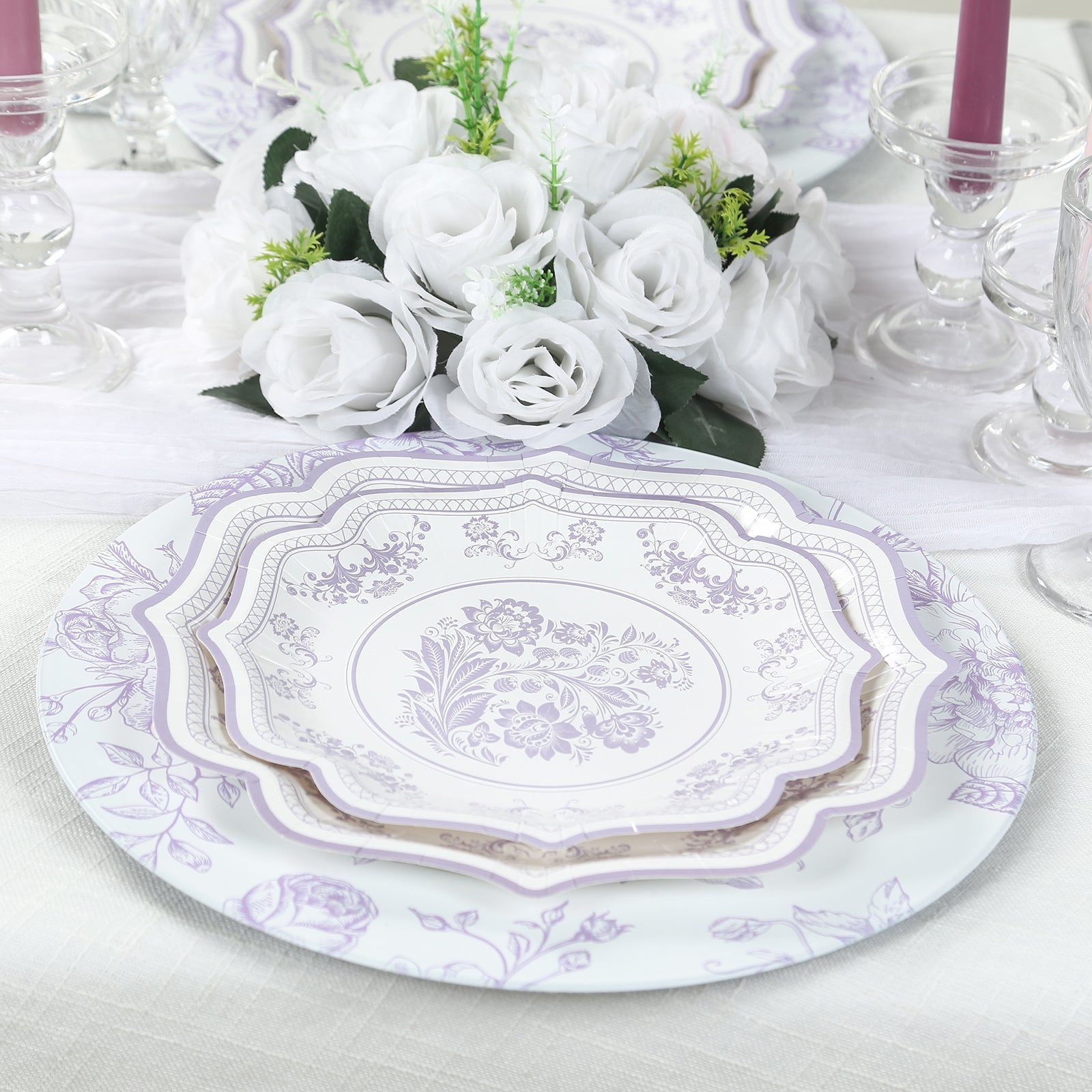 6 Pack Round Floral Acrylic Charger Plates in French Toile Pattern, 13 Matte Lavender and White Dinner Charger Event Tabletop Decor