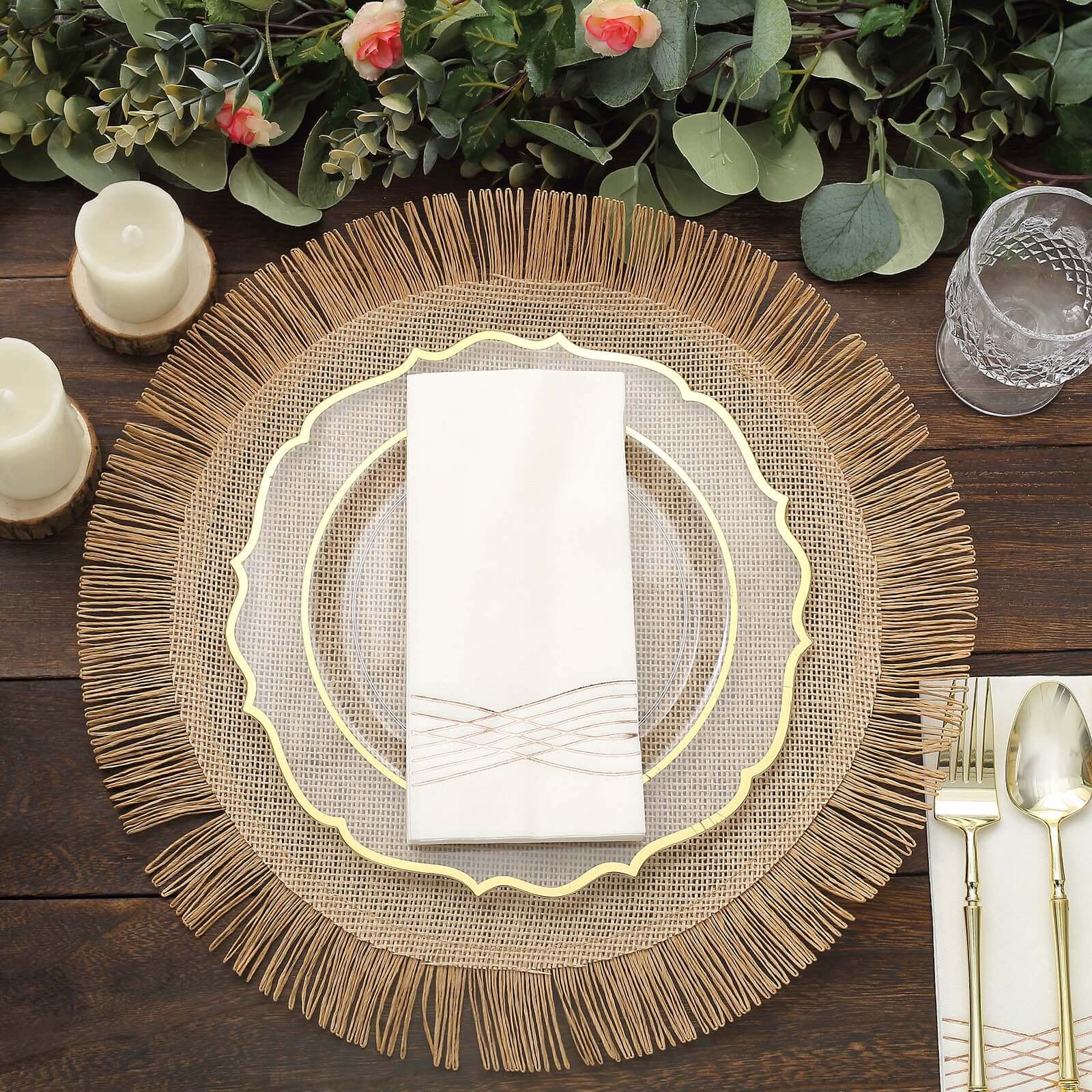 4-Pack Placemats Fringe Edge Design Natural Jute Round - Rustic Boho Chic Burlap Table Decor 16