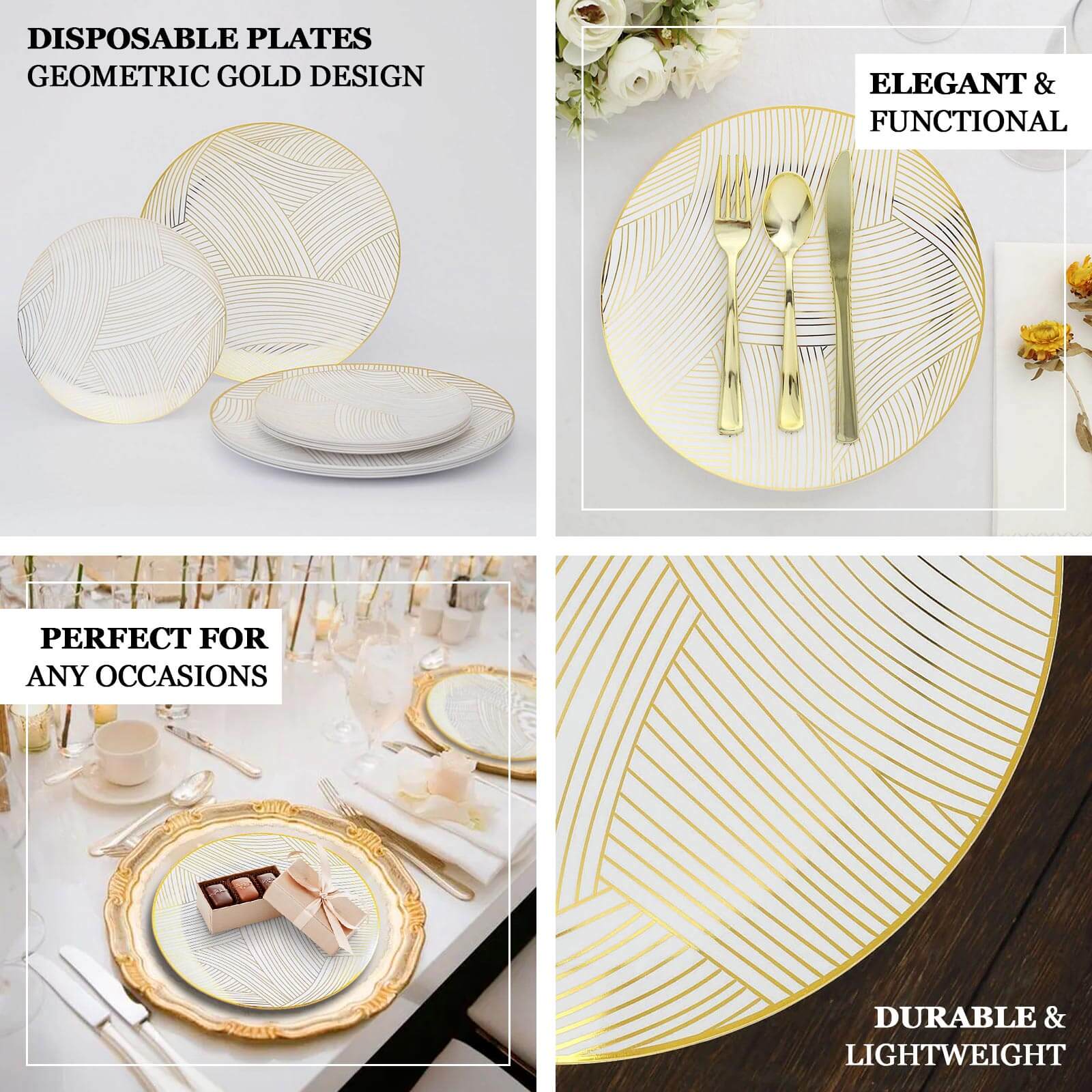 10-Pack Plastic 7 Round Dessert Plates in White with Gold Wave Brush Strokes Pattern - Disposable Appetizer Salad Plates for Modern & Classy Table Decor