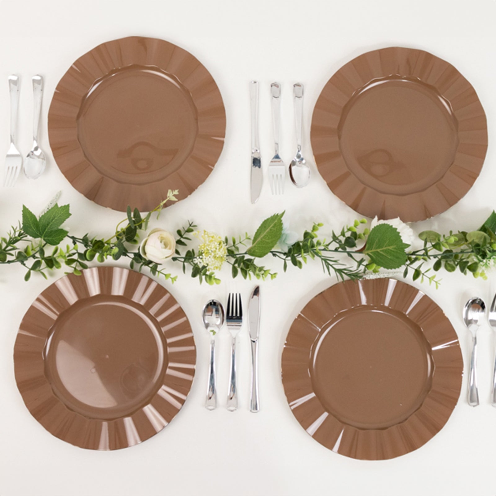 10-Pack Plastic 11 Round Dinner Plates in Coffee Brown Ruffled Rim with Gold Edging - Sturdy Disposable Dinnerware