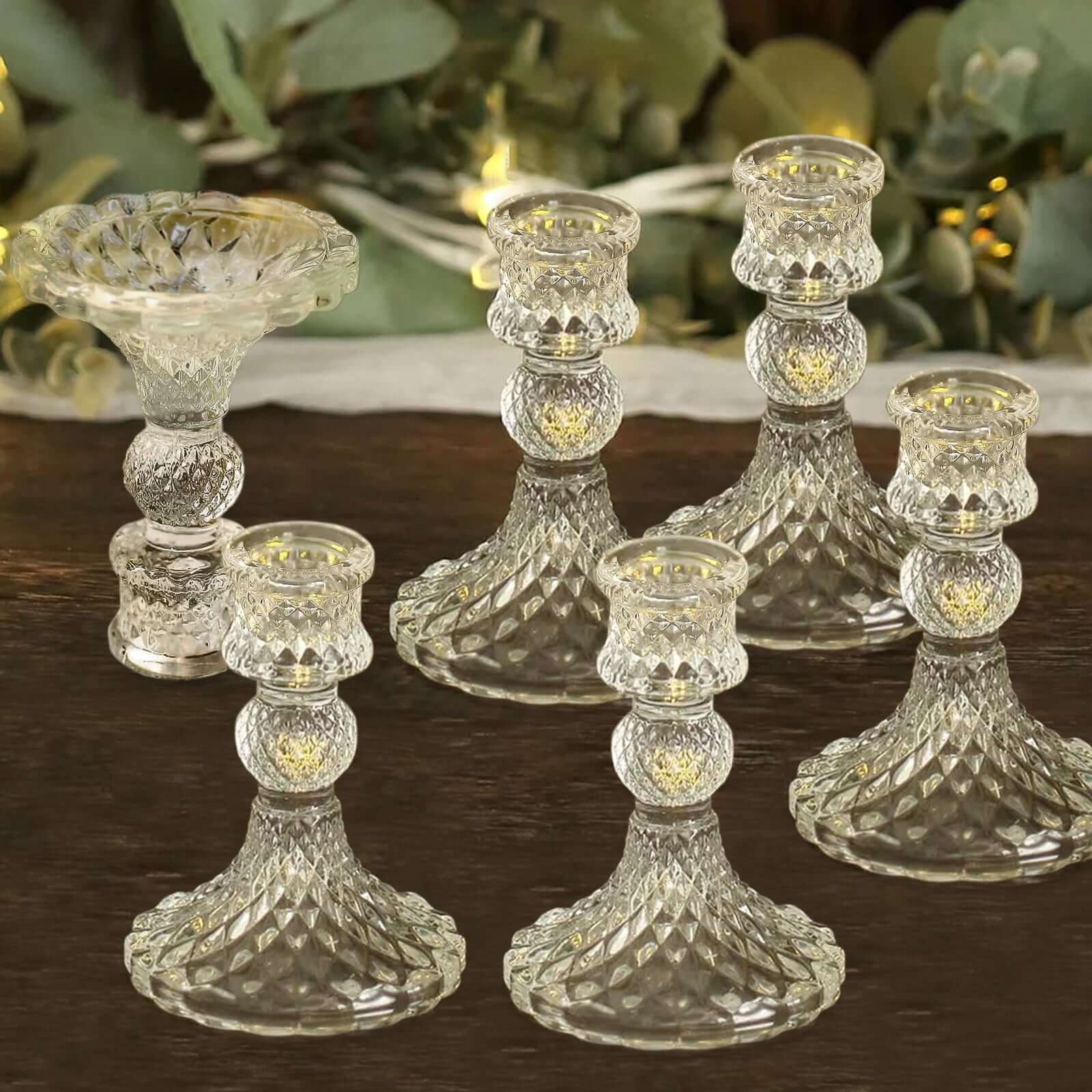 6-Pack Glass Taper Candlestick Holders Diamond Pattern Design Clear - Reversible Crystal Pillar Votive Stands 4