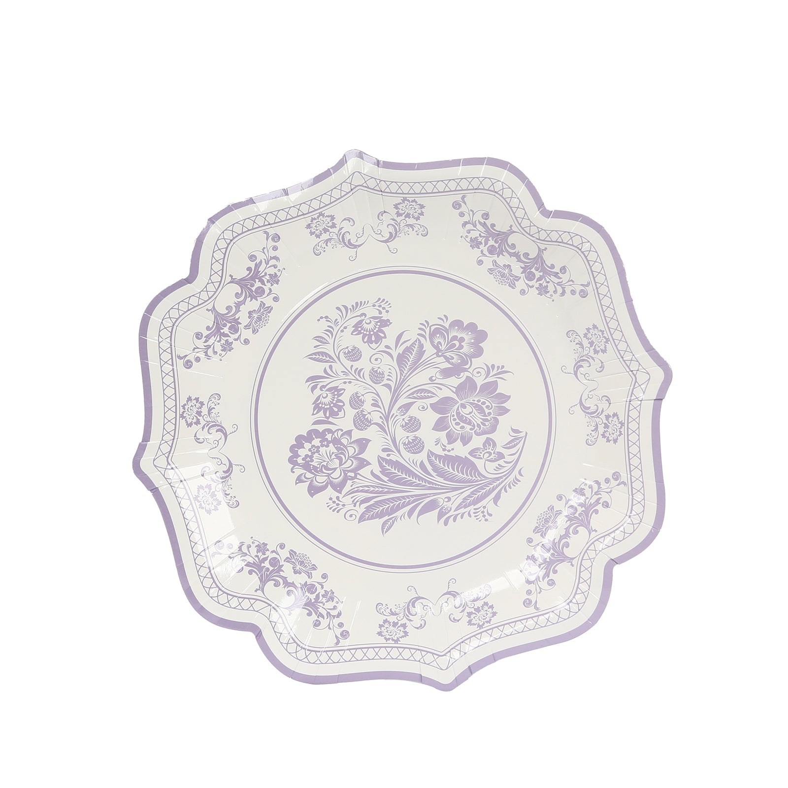 25-Pack Paper Dinner Plates in White with Lavender Lilac French Toile Print & Scallop Rim - Stylish Disposable 300GSM Floral Party Plates 10