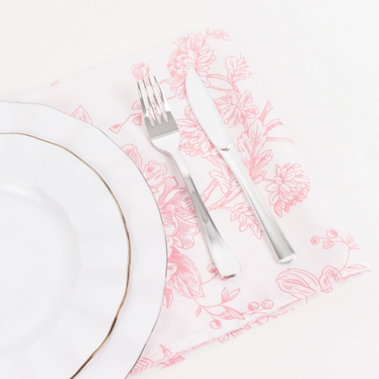 5 Pack 20x20 Pink French Toile Polyester Cloth Napkins, White Floral Reusable Dinner Table Linens