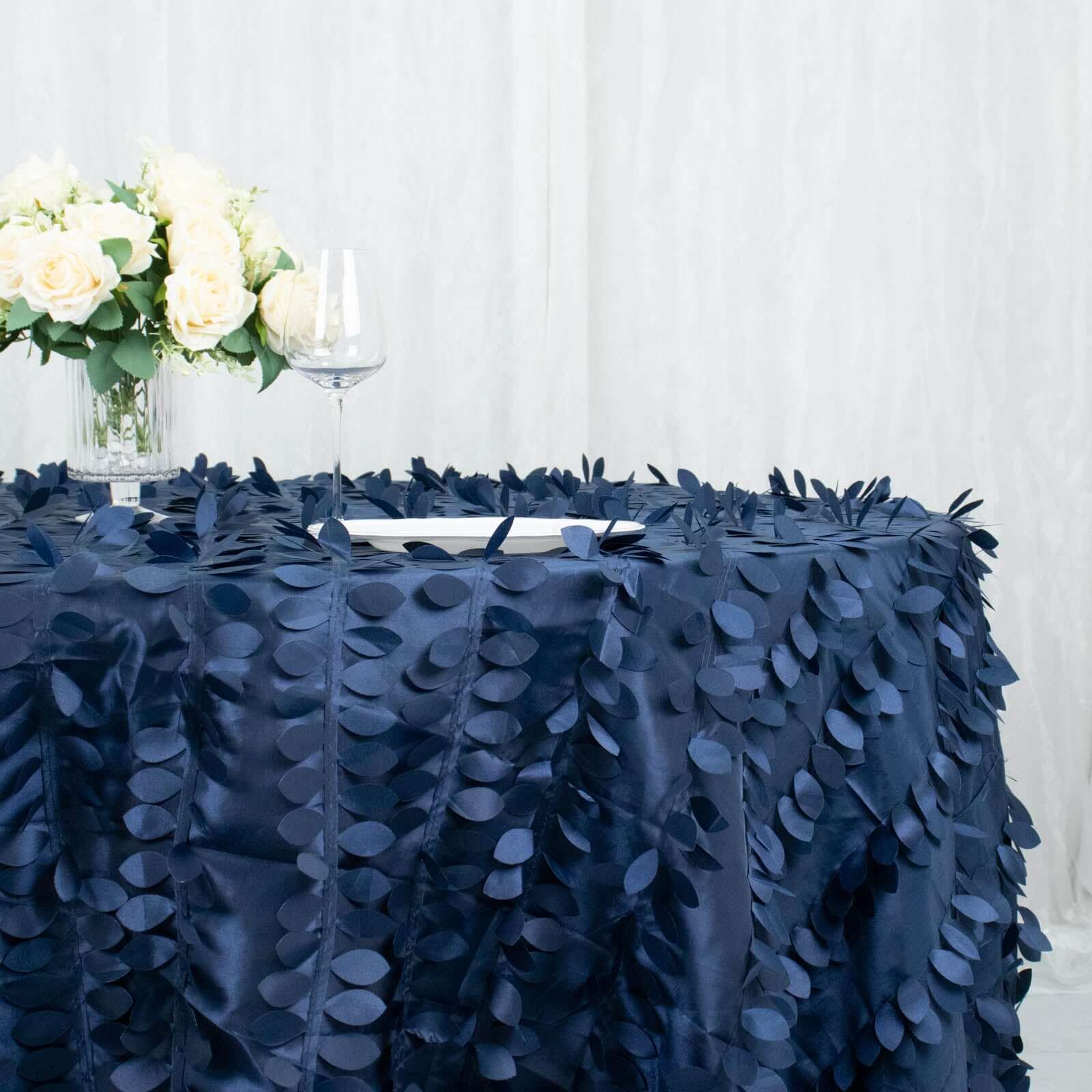 Taffeta 132 Round Tablecloth Navy Blue | 3D Leaf Petal Design Seamless Table Cover