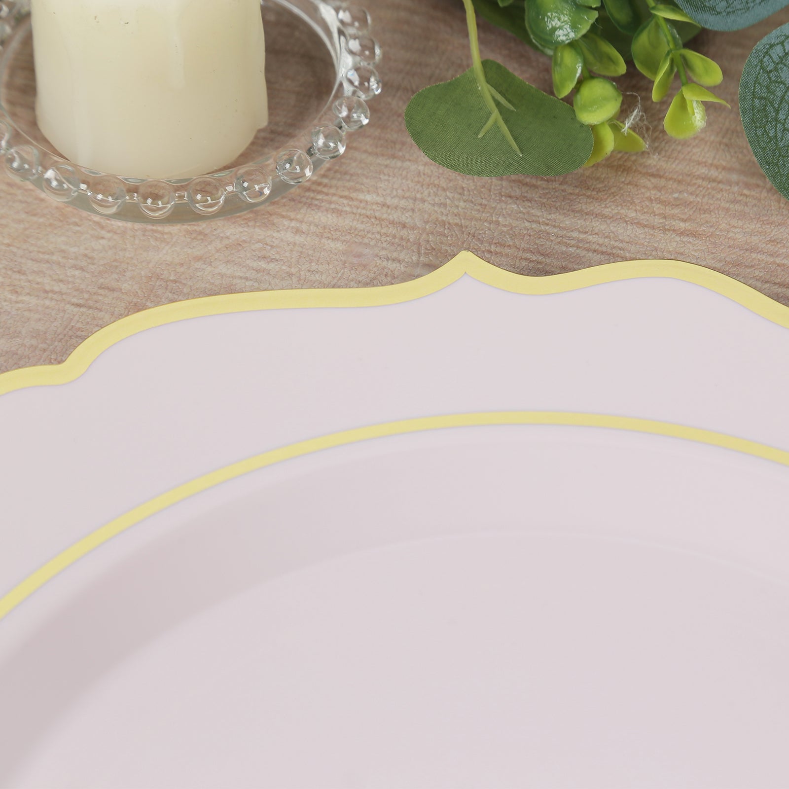 10-Pack Economy Plastic Round Charger Plates 13 in Blush with Gold Scalloped Rim, Decorative Dinner Party Serving Plates