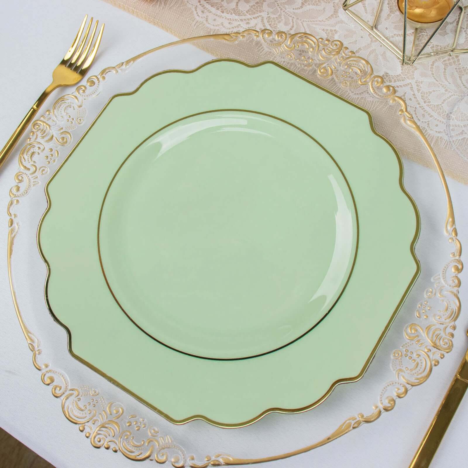 10-Pack Plastic Dinner Plates in Sage Green Baroque Design with Scalloped Gold Rim - Heavy Duty Disposable Party Plates 11