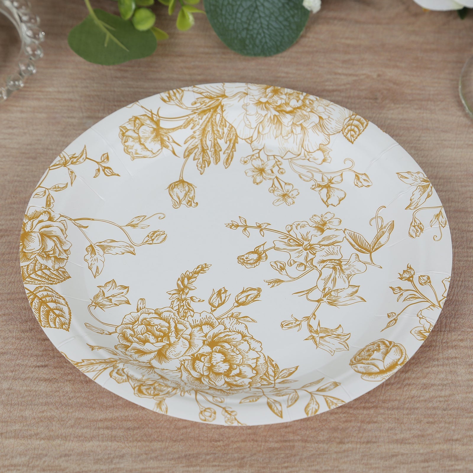 25-Pack Paper 7 Round Dessert Plates in White with Gold French Toile Pattern - Disposable Floral Salad Appetizer Plates for Chic Event Decor