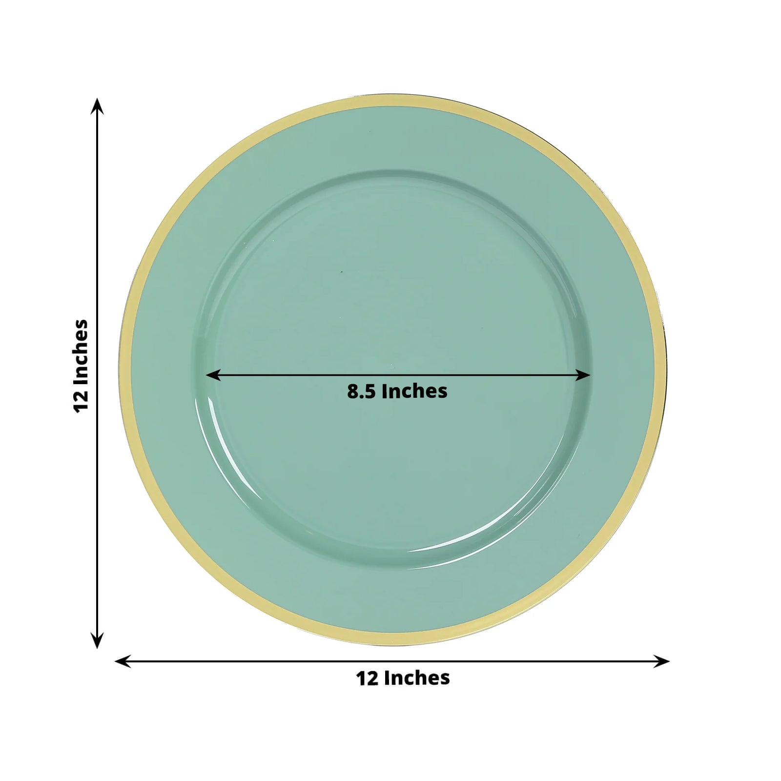 10-Pack Economy Plastic Round Charger Plates 12 in Dusty Sage Green with Wide Gold Rim, Decorative Dinner Party Serving Plates